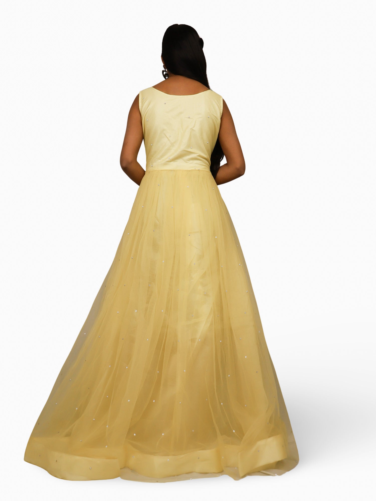 Net Fabric Gown with Pearl & Embroidery by Shreekama Lemon Yellow Designer Gowns for Party Festival Wedding Occasion in Noida