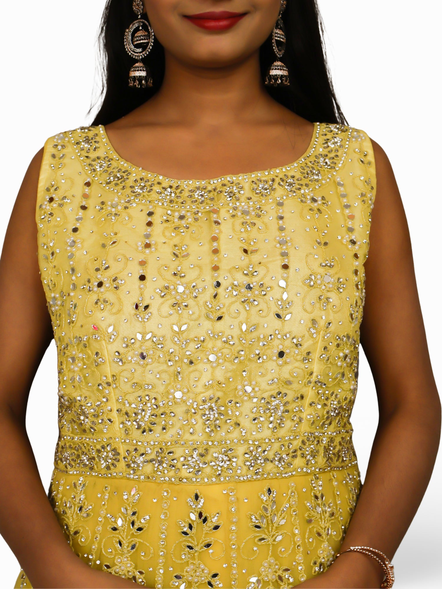 Net Fabric Gown with Pearl & Embroidery by Shreekama Lemon Yellow Designer Gowns for Party Festival Wedding Occasion in Noida