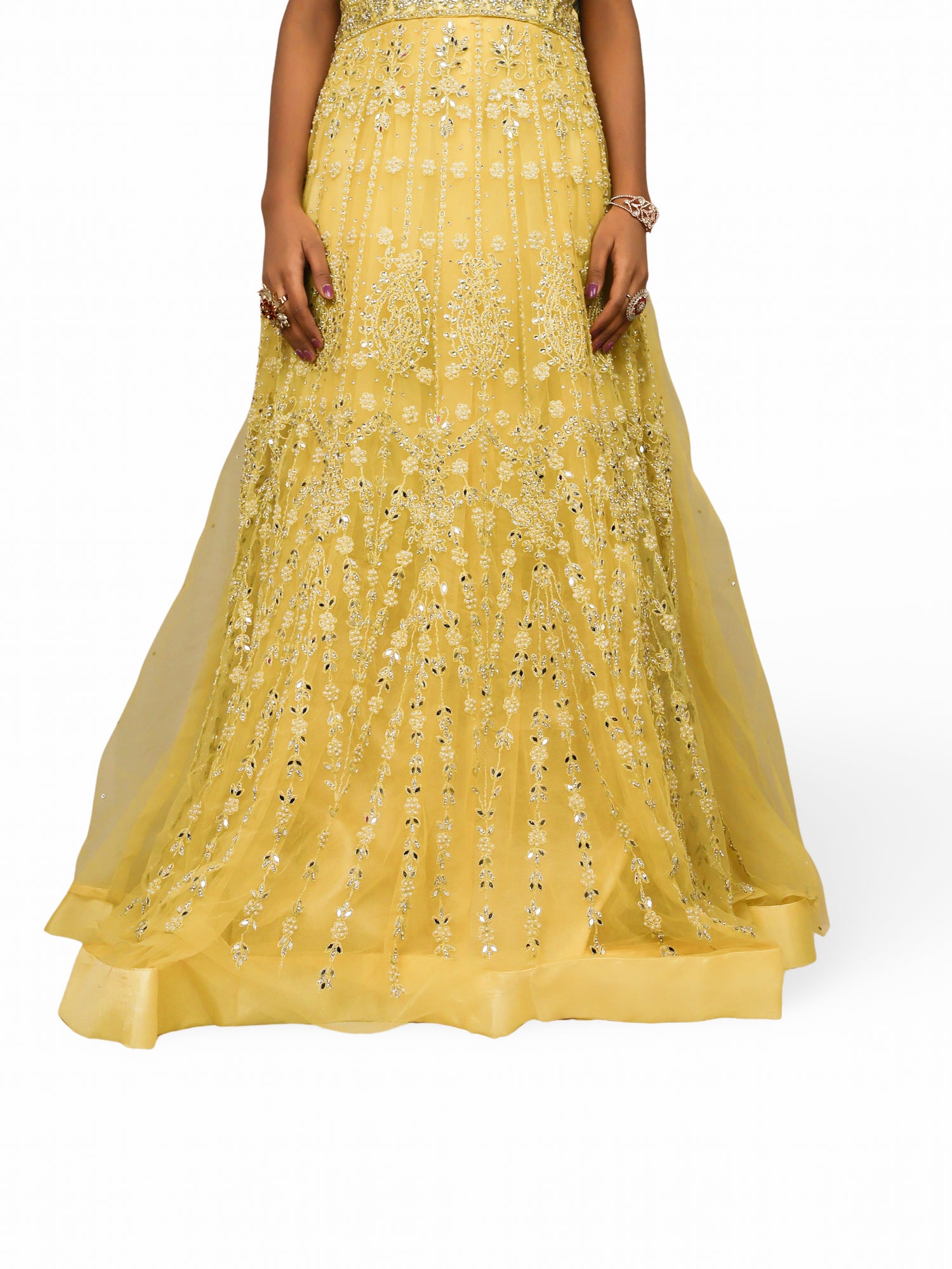 Net Fabric Gown with Pearl & Embroidery by Shreekama Lemon Yellow Designer Gowns for Party Festival Wedding Occasion in Noida