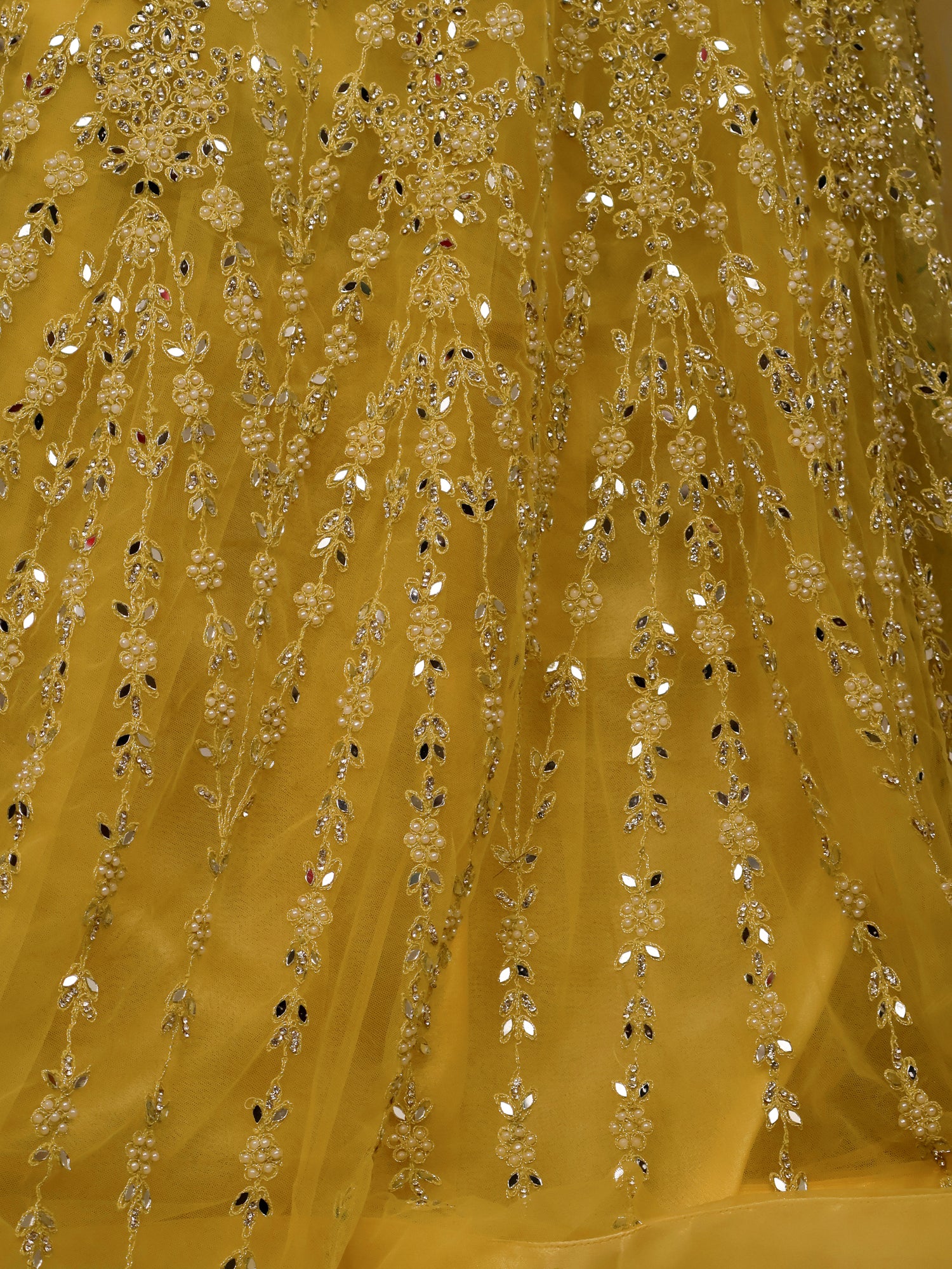 Net Fabric Gown with Pearl & Embroidery by Shreekama Lemon Yellow Designer Gowns for Party Festival Wedding Occasion in Noida