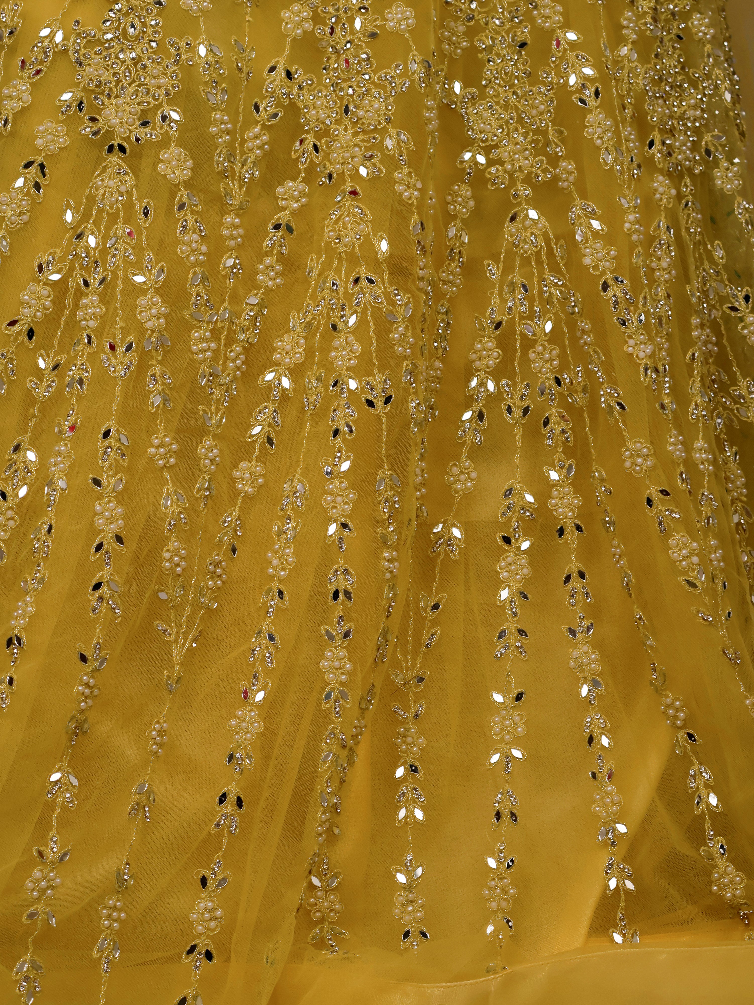 Net Fabric Gown with Pearl & Embroidery by Shreekama Lemon Yellow Designer Gowns for Party Festival Wedding Occasion in Noida