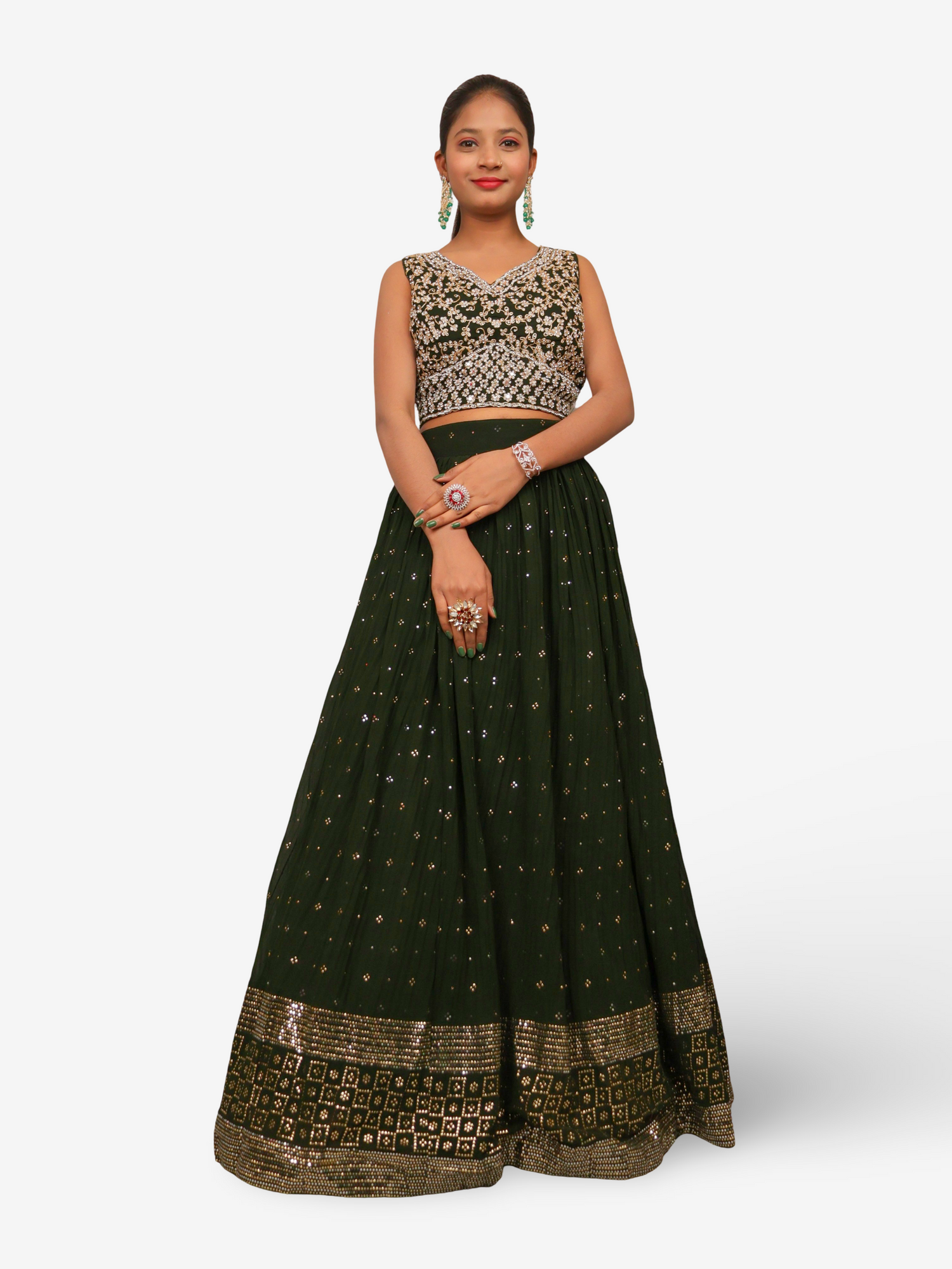 Designer Lehenga & choli with dupatta for Women by Shreekama Dark Green Designer Lehenga for Party Festival Wedding Occasion in Noida