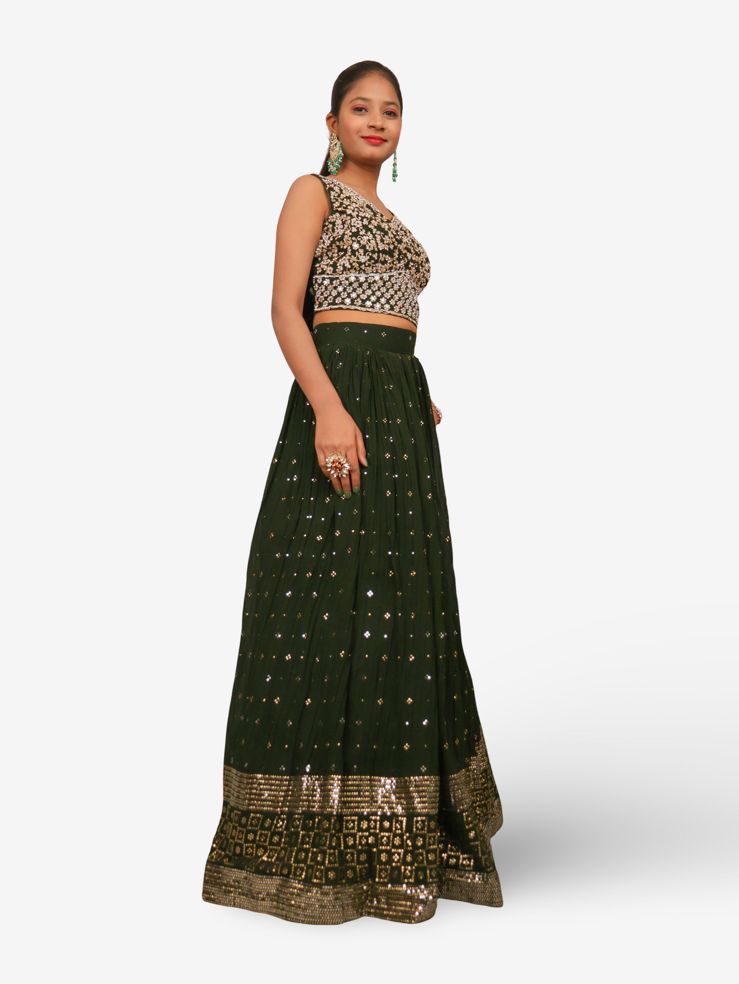 Designer Lehenga & choli with dupatta for Women by Shreekama Dark Green Designer Lehenga for Party Festival Wedding Occasion in Noida