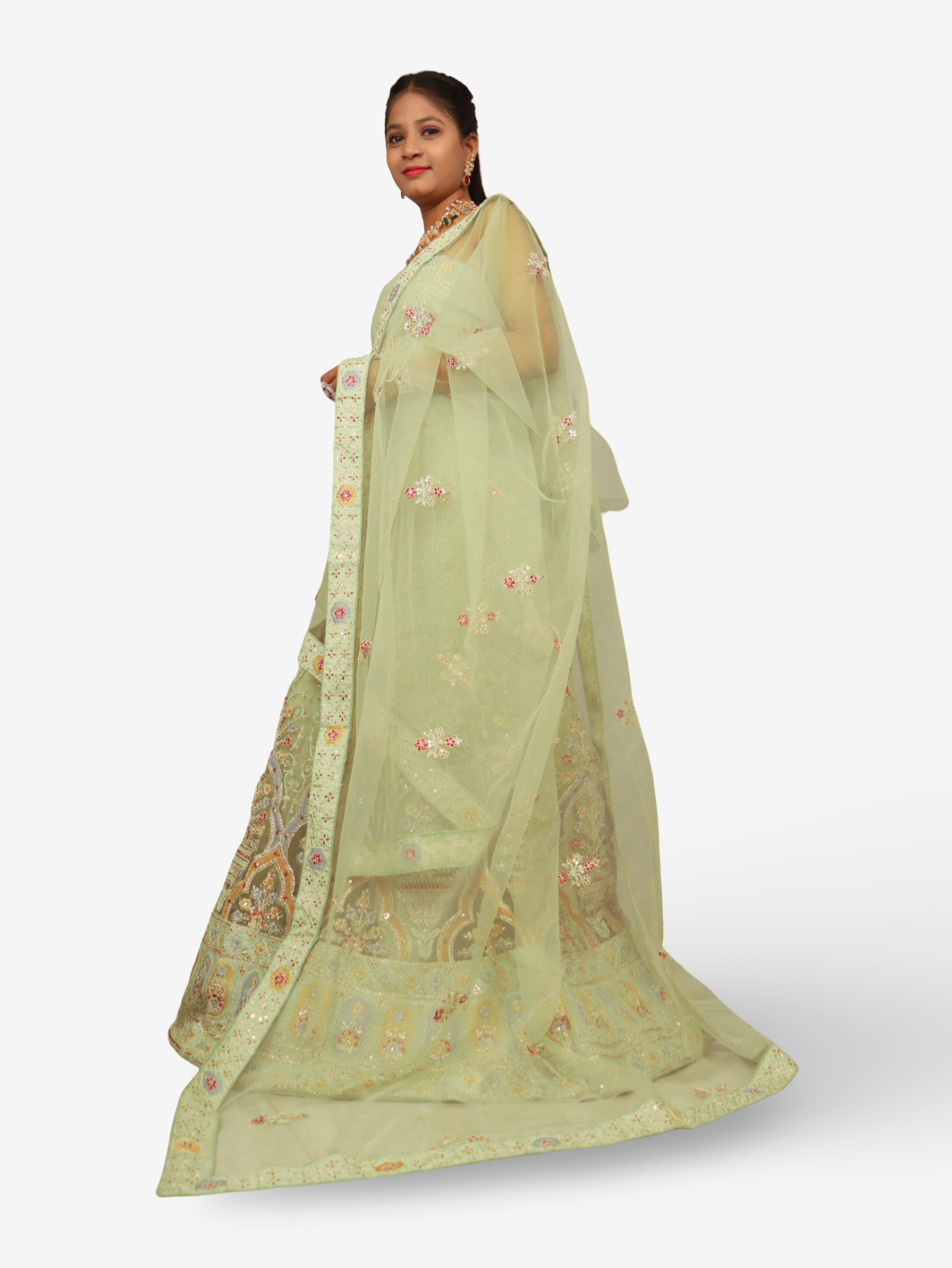 Semi-Stitched Lehenga Embroidery & Zari Thread Work by Shreekama Pista Green Semi-Stitched Lehenga for Party Festival Wedding Occasion in Noida