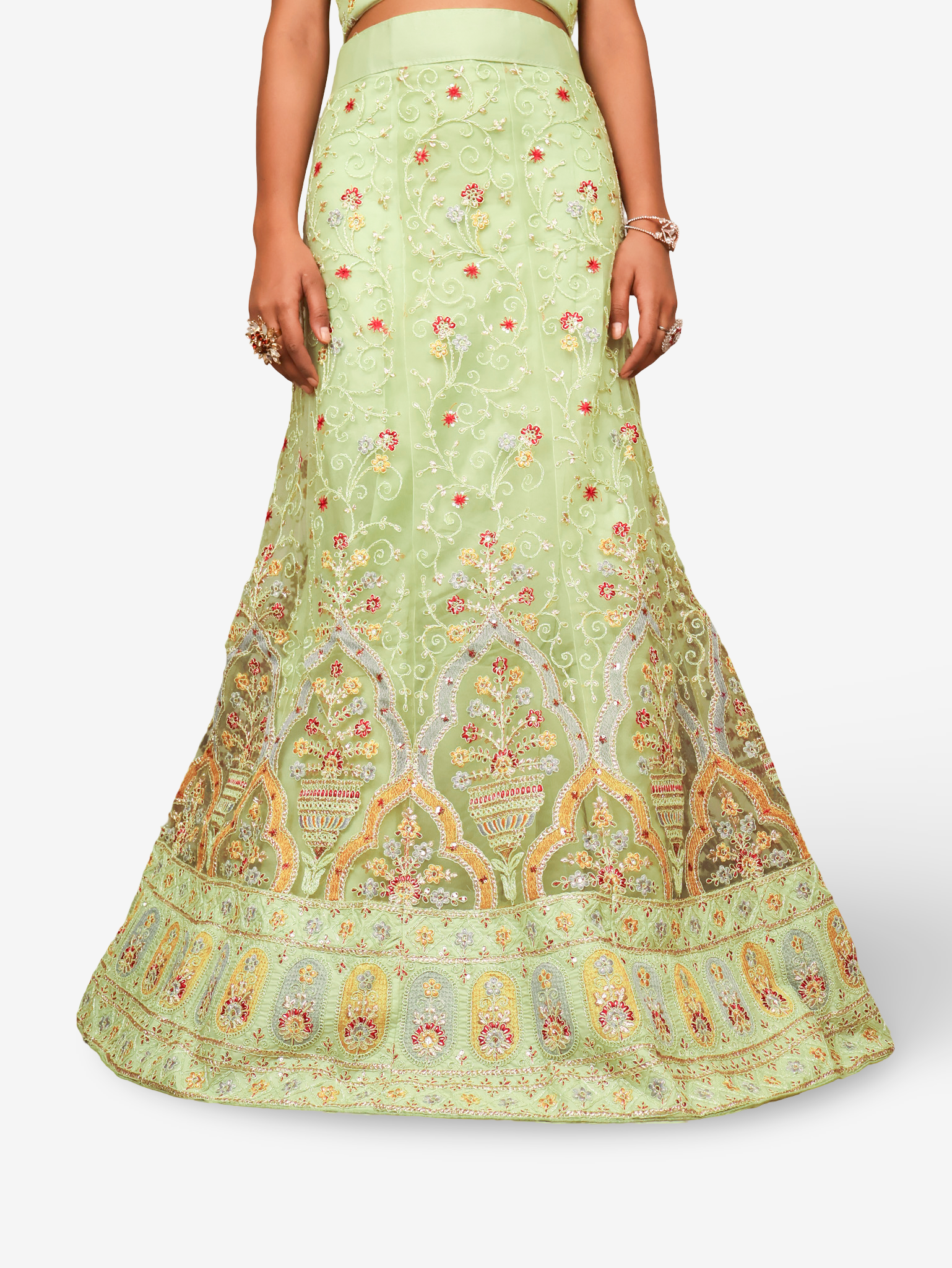 Semi-Stitched Lehenga Embroidery & Zari Thread Work by Shreekama Pista Green Semi-Stitched Lehenga for Party Festival Wedding Occasion in Noida