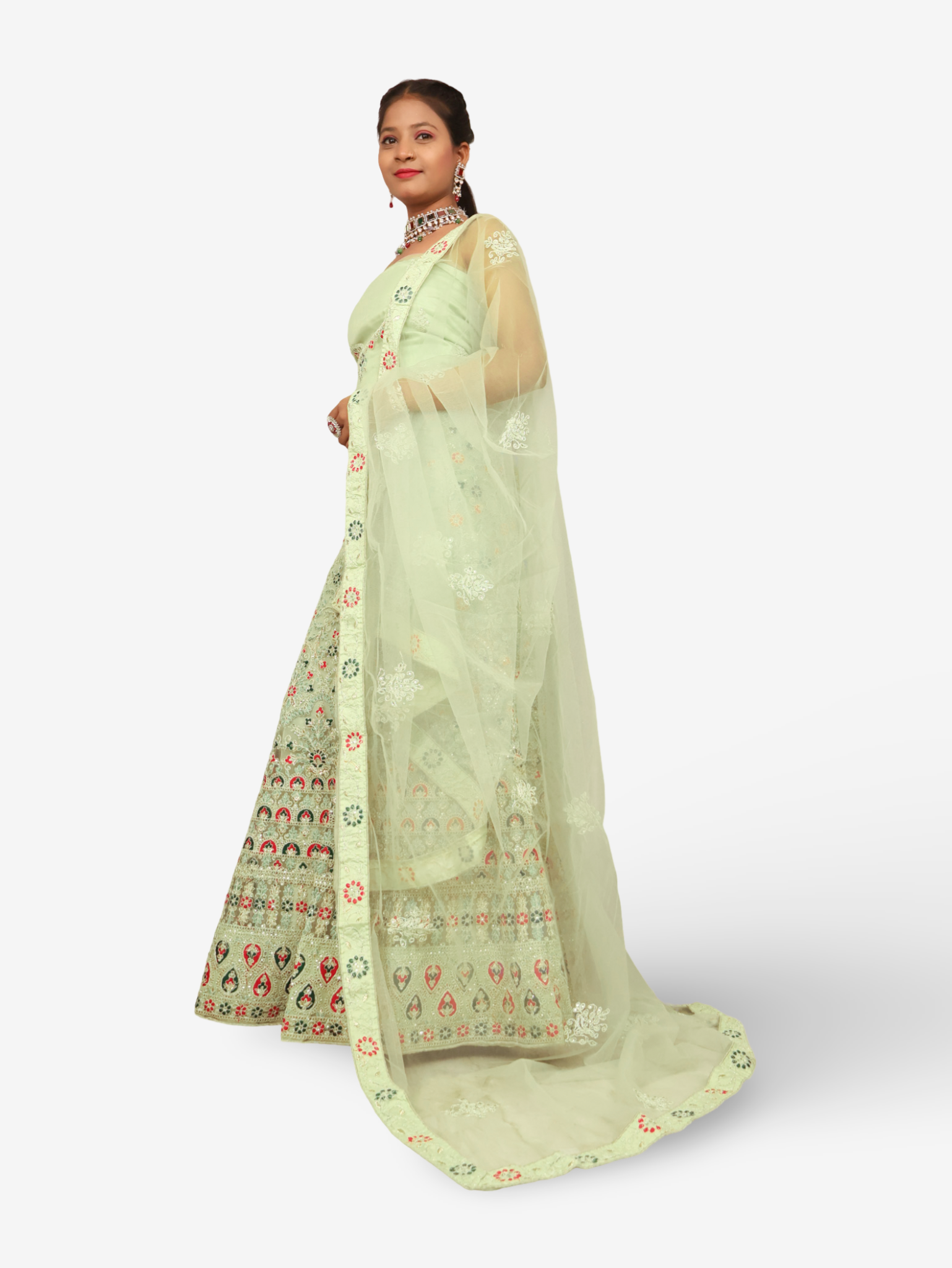 Semi-Stiched Lehenga with Soft Net Fabric & Zari Thread Work by Shreekama Pista Green Semi-Stitched Lehenga for Party Festival Wedding Occasion in Noida