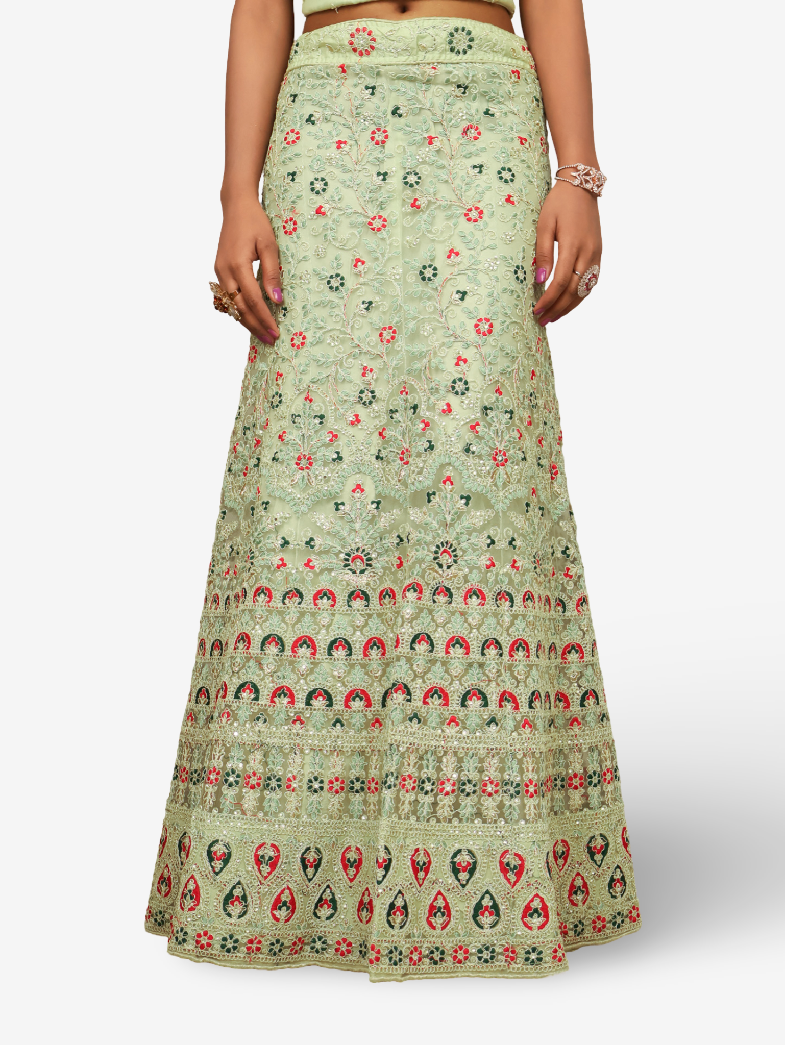 Semi-Stiched Lehenga with Soft Net Fabric & Zari Thread Work by Shreekama Pista Green Semi-Stitched Lehenga for Party Festival Wedding Occasion in Noida