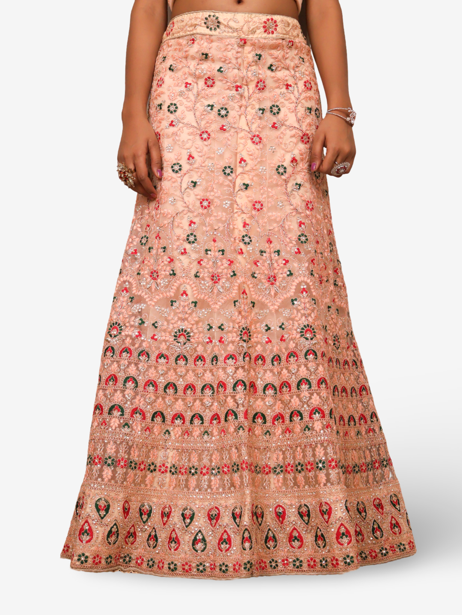 Semi-Stiched Lehenga with Soft Net Fabric & Zari Thread Work by Shreekama Peach Semi-Stitched Lehenga for Party Festival Wedding Occasion in Noida