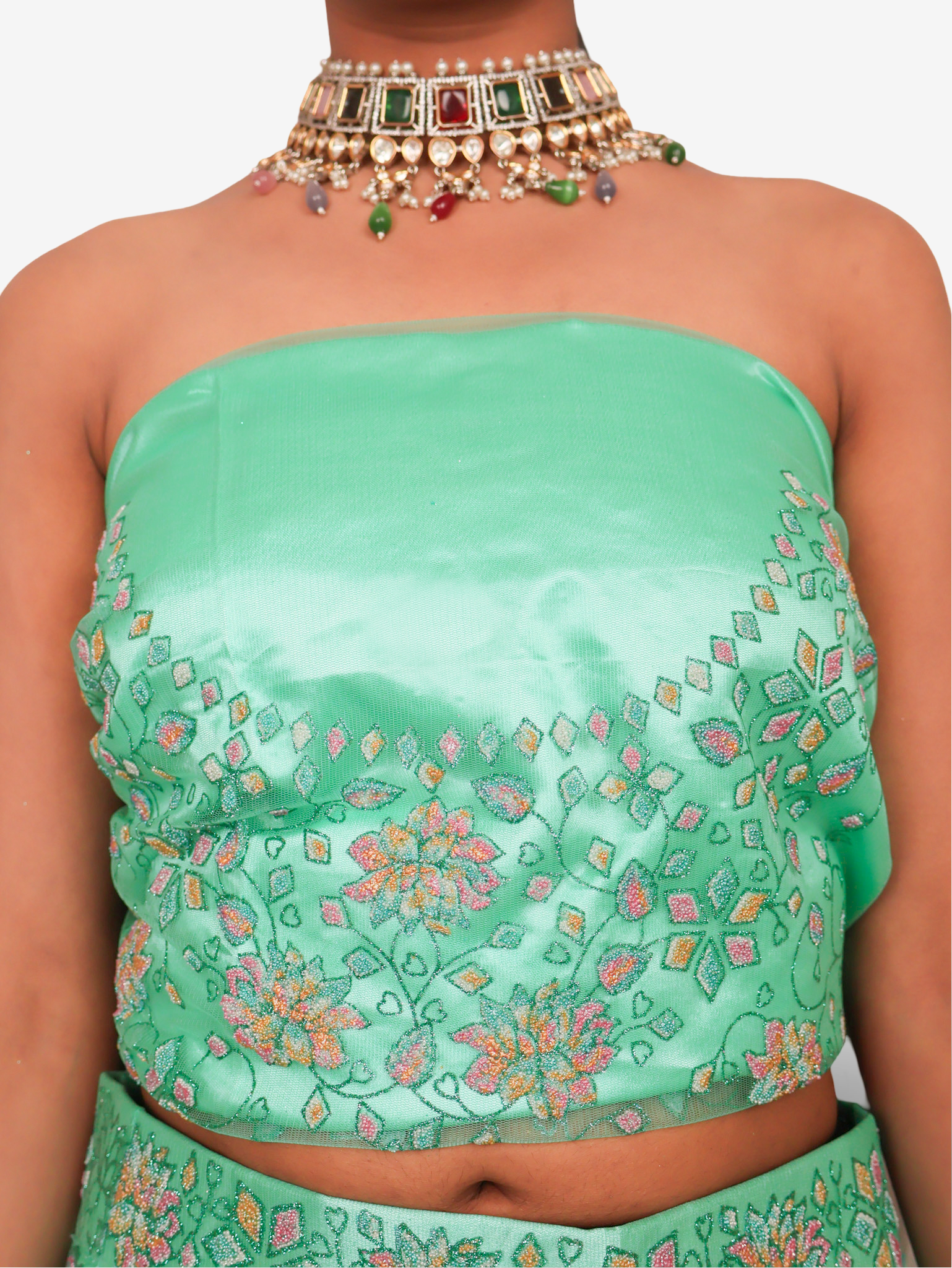 Semi-Stitched Lehenga with Soft Net Fabric & Multi beads work by Shreekama Sea Green Semi-Stitched Lehenga for Party Festival Wedding Occasion in Noida