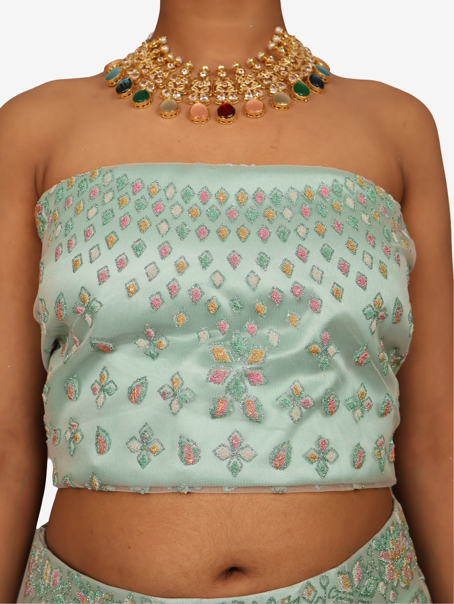 Semi-Stitched Lehenga with Soft Net Fabric & Multi beads work by Shreekama Mint Green Semi-Stitched Lehenga for Party Festival Wedding Occasion in Noida