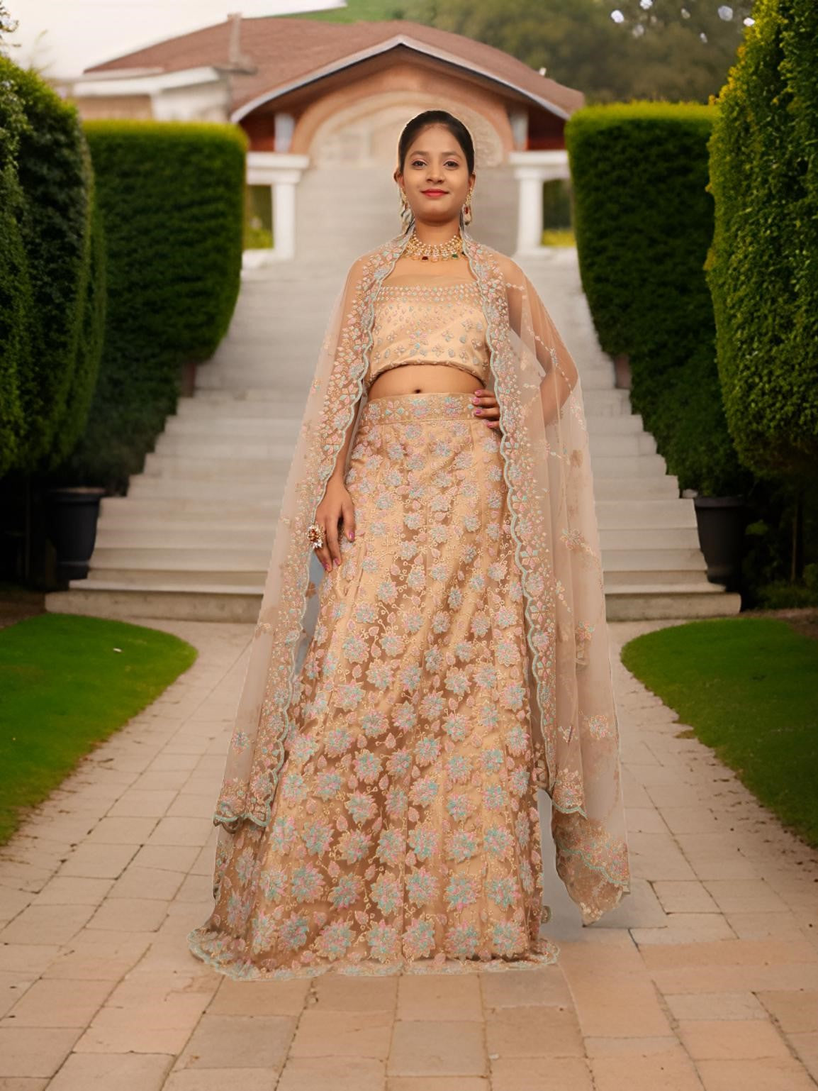 Semi-Stitched Lehenga with Soft Net Fabric & Multi beads work by Shreekama Gold Semi-Stitched Lehenga for Party Festival Wedding Occasion in Noida