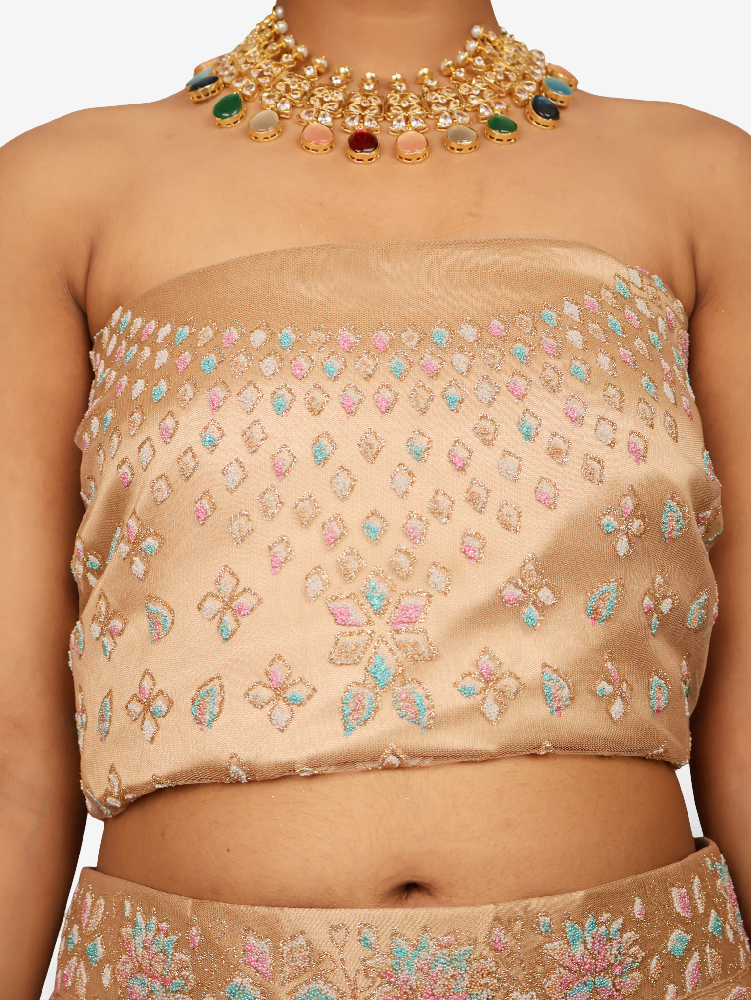 Semi-Stitched Lehenga with Soft Net Fabric & Multi beads work by Shreekama Gold Semi-Stitched Lehenga for Party Festival Wedding Occasion in Noida