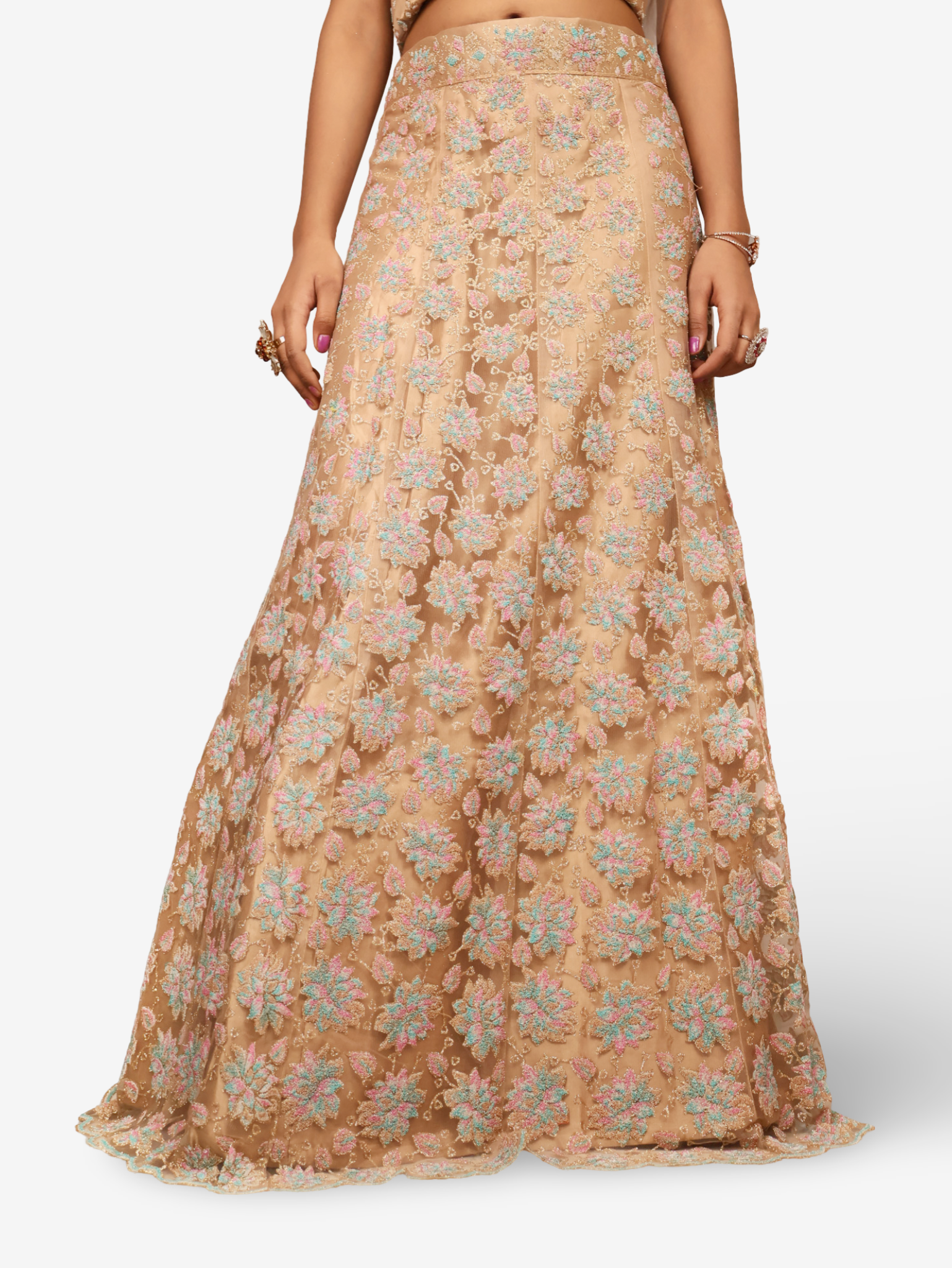 Semi-Stitched Lehenga with Soft Net Fabric & Multi beads work by Shreekama Gold Semi-Stitched Lehenga for Party Festival Wedding Occasion in Noida