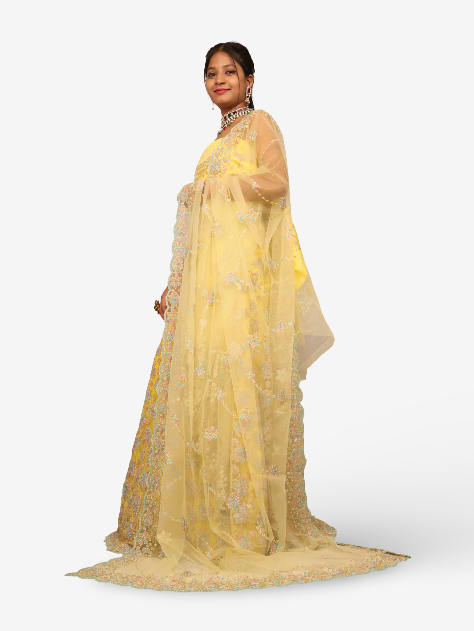 Semi-Stitched Lehenga with Soft Net Fabric & Multi beads work by Shreekama Lemon Yellow Semi-Stitched Lehenga for Party Festival Wedding Occasion in Noida