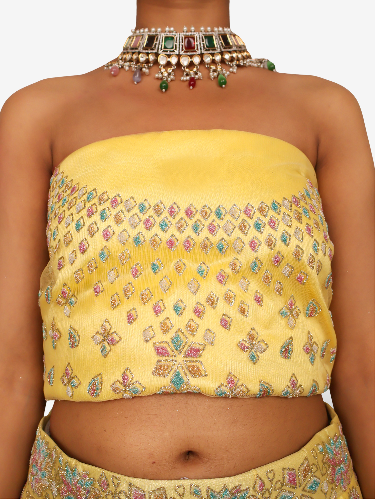 Semi-Stitched Lehenga with Soft Net Fabric & Multi beads work by Shreekama Lemon Yellow Semi-Stitched Lehenga for Party Festival Wedding Occasion in Noida