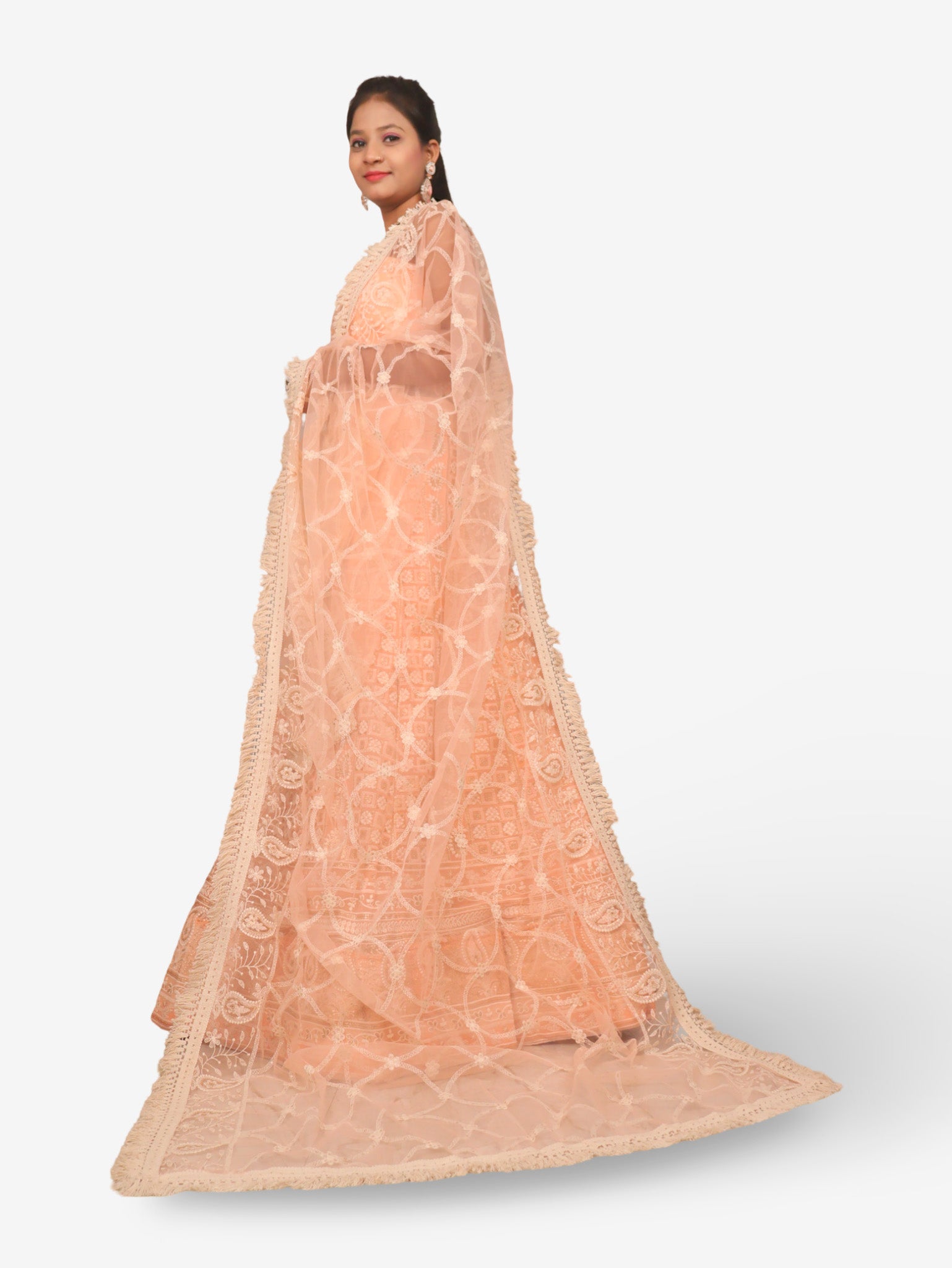 Semi-Stitched Lehenga with Embroidery & Golden Sequin work by Shreekama Peach Semi-Stitched Lehenga for Party Festival Wedding Occasion in Noida