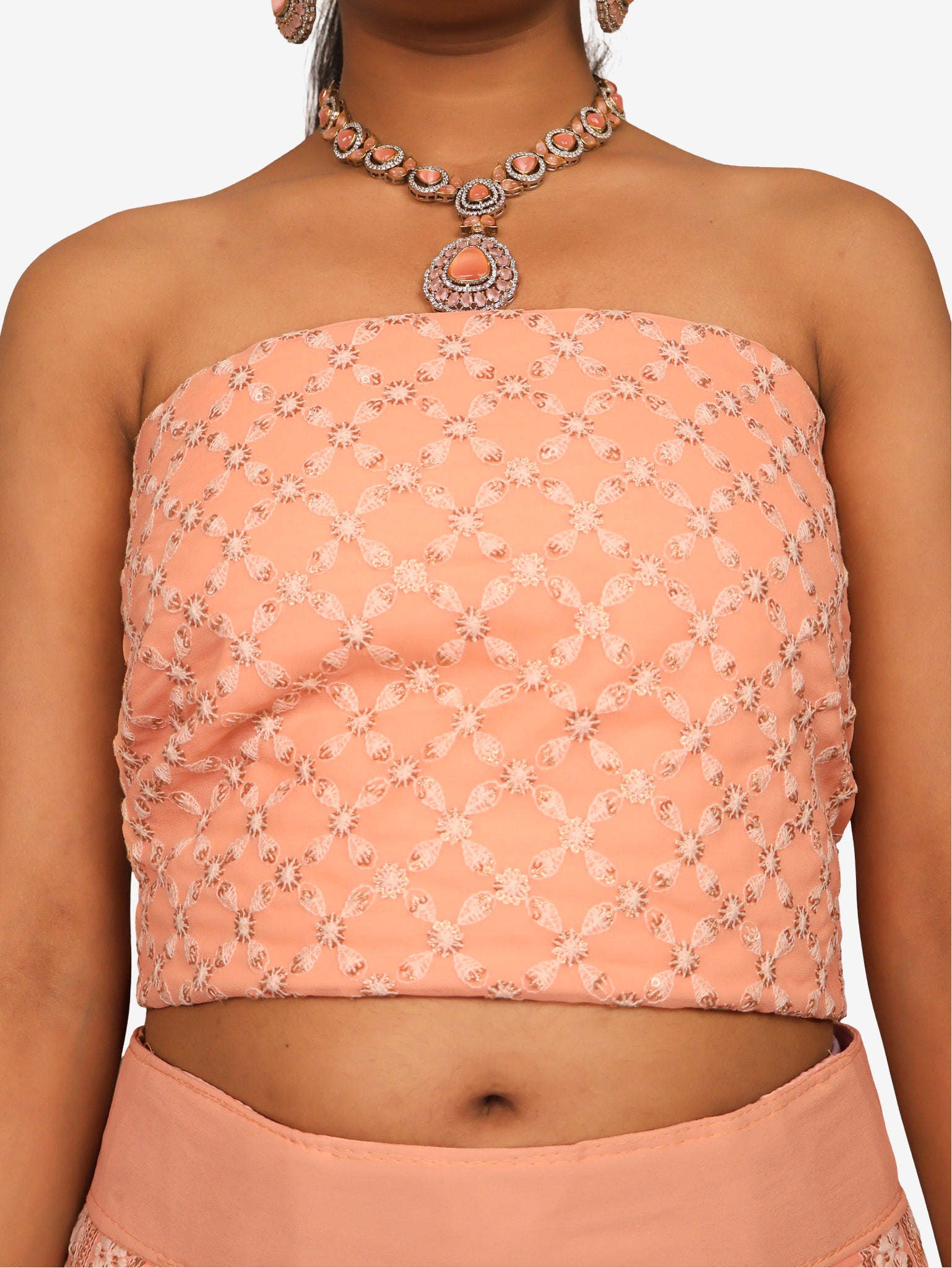 Semi-Stitched Lehenga with Embroidery & Golden Sequin work by Shreekama Peach Semi-Stitched Lehenga for Party Festival Wedding Occasion in Noida