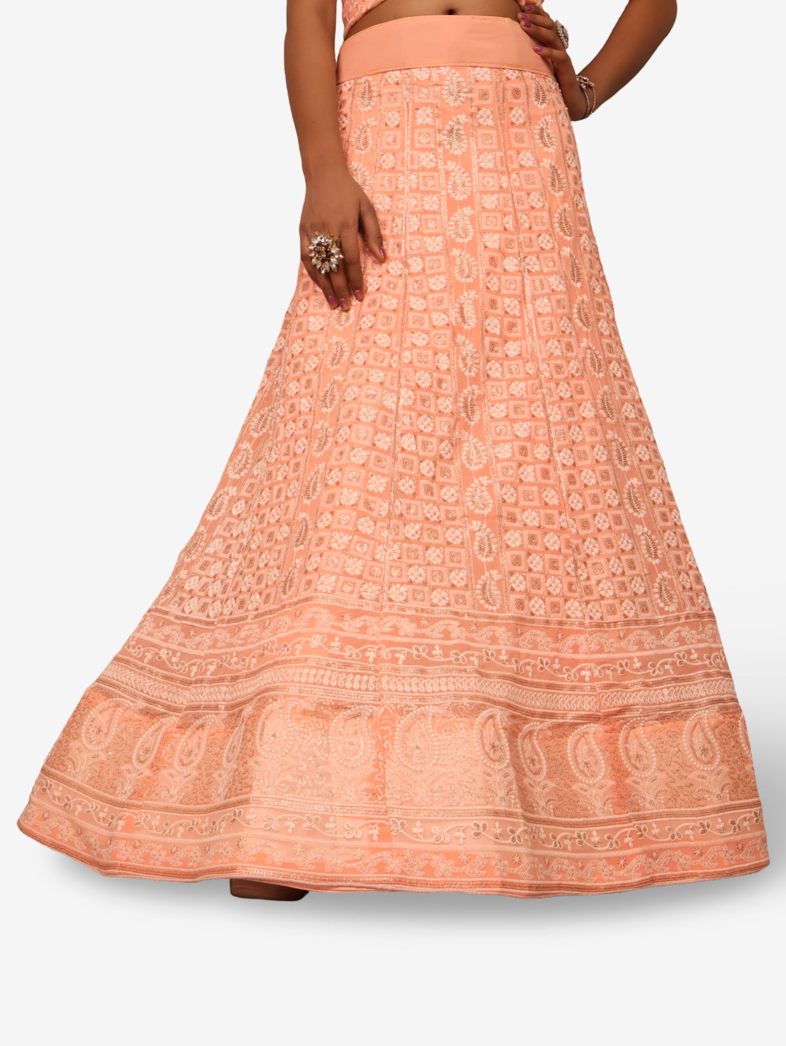 Semi-Stitched Lehenga with Embroidery & Golden Sequin work by Shreekama Peach Semi-Stitched Lehenga for Party Festival Wedding Occasion in Noida