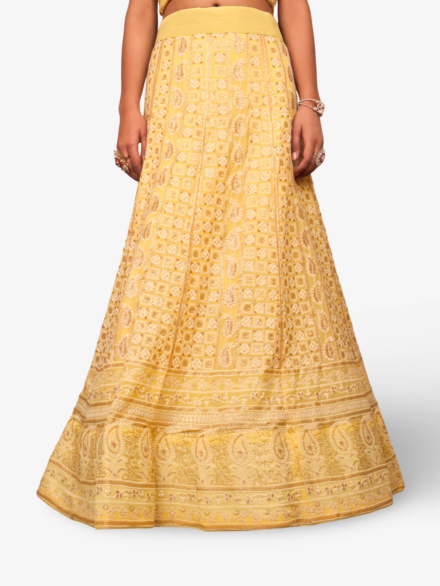 Semi-Stitched Lehenga with Embroidery & Golden Sequin work by Shreekama Yellow Semi-Stitched Lehenga for Party Festival Wedding Occasion in Noida