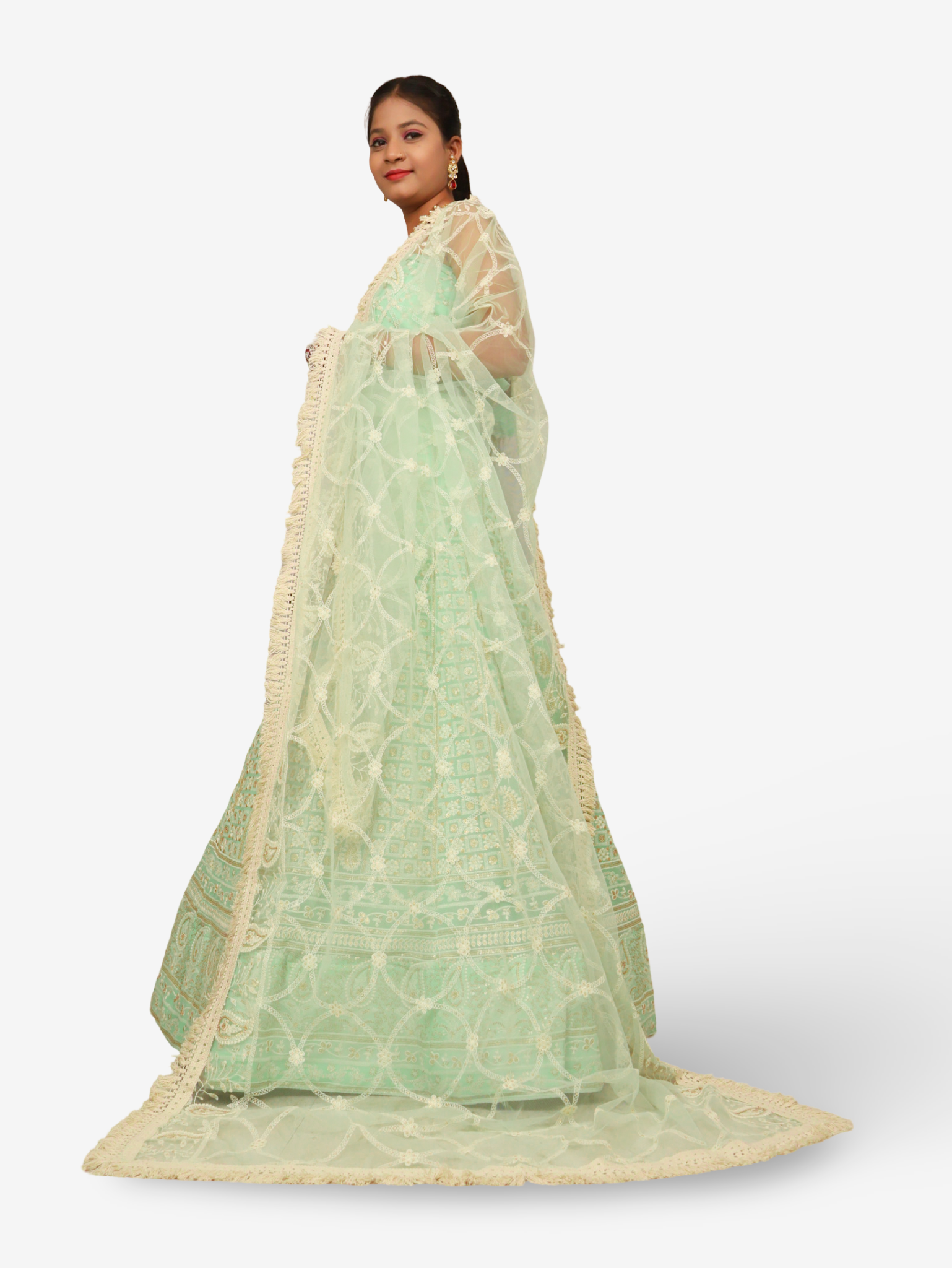 Semi-Stitched Lehenga with Embroidery & Golden Sequin work by Shreekama D. Pista Green Semi-Stitched Lehenga for Party Festival Wedding Occasion in Noida