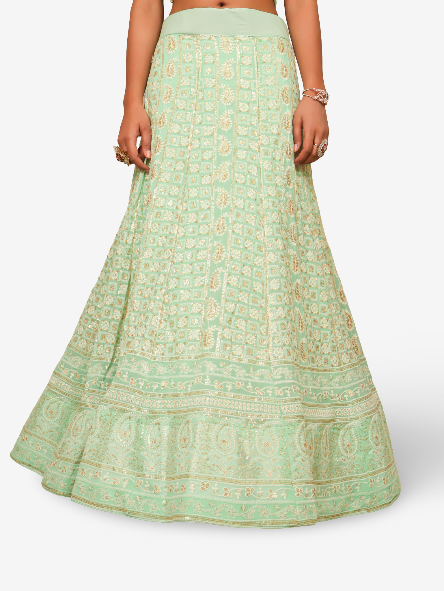 Semi-Stitched Lehenga with Embroidery & Golden Sequin work by Shreekama D. Pista Green Semi-Stitched Lehenga for Party Festival Wedding Occasion in Noida
