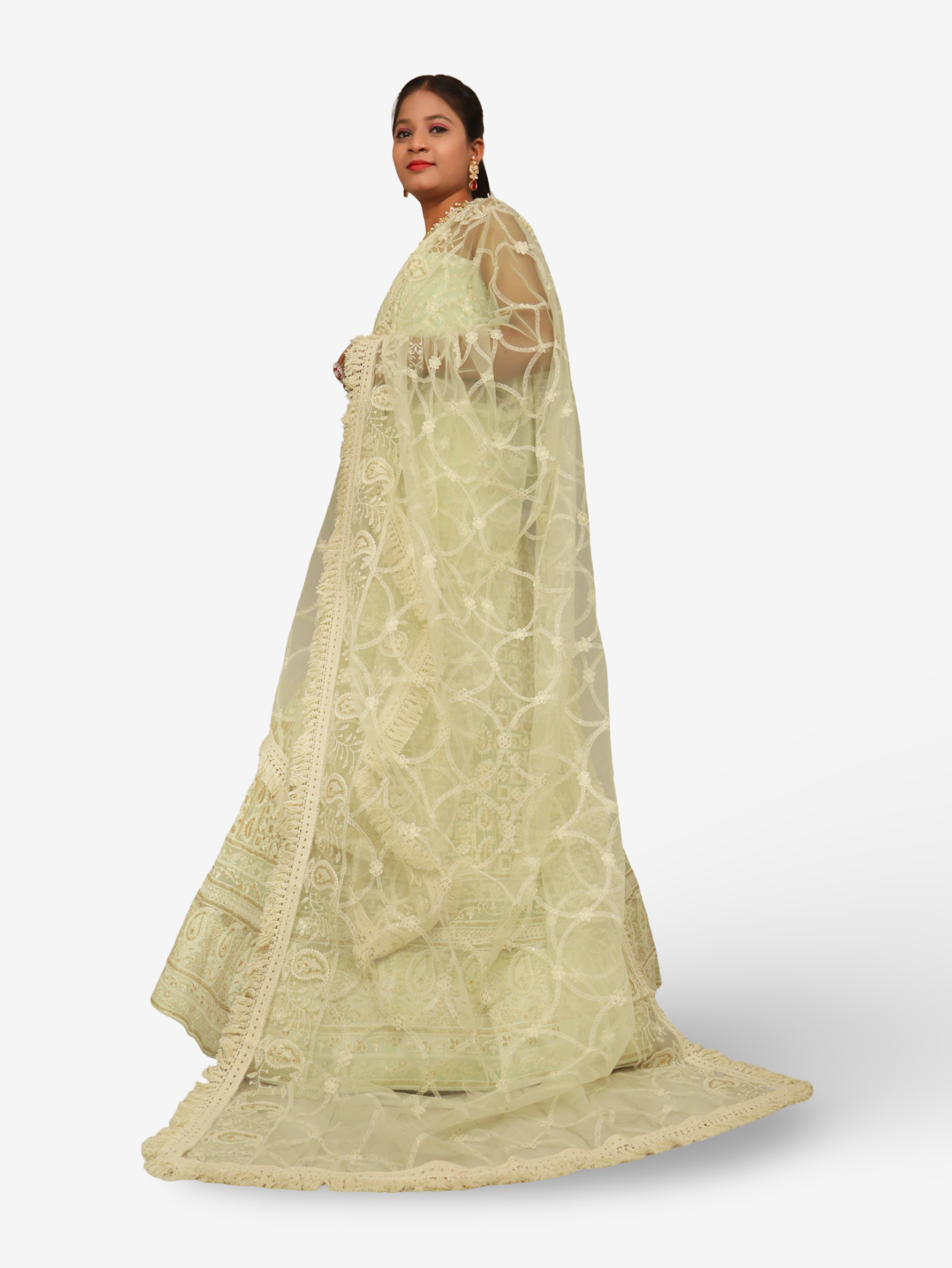 Semi-Stitched Lehenga with Embroidery & Golden Sequin work by Shreekama L. Pista Green Semi-Stitched Lehenga for Party Festival Wedding Occasion in Noida