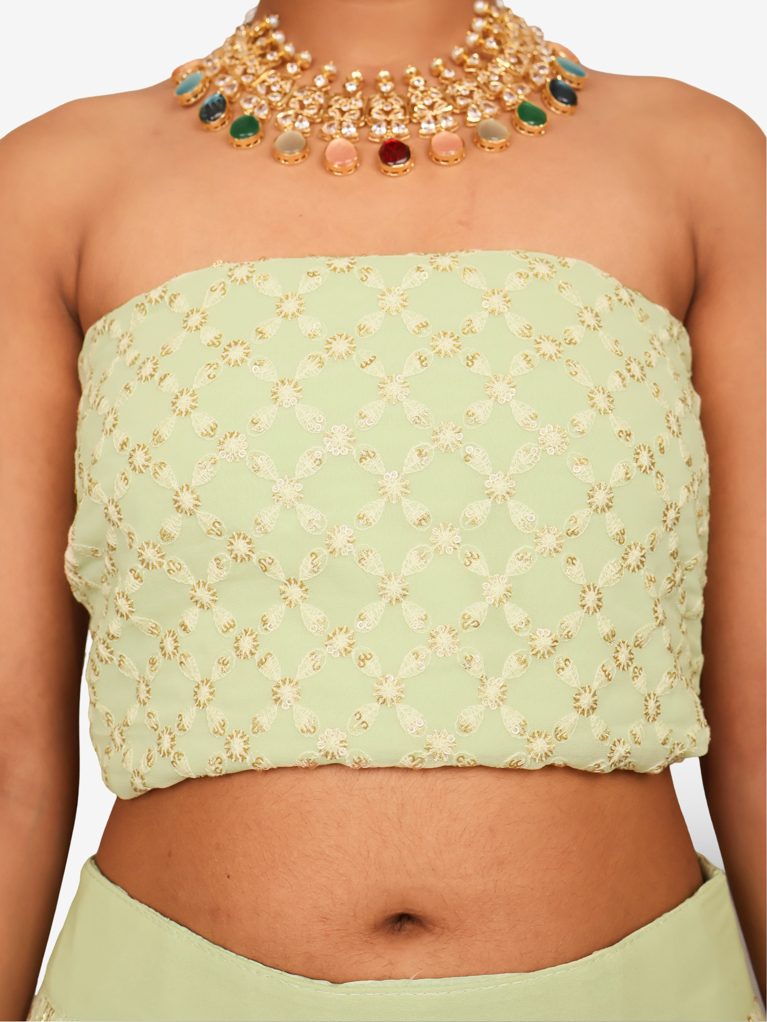 Semi-Stitched Lehenga with Embroidery & Golden Sequin work by Shreekama L. Pista Green Semi-Stitched Lehenga for Party Festival Wedding Occasion in Noida