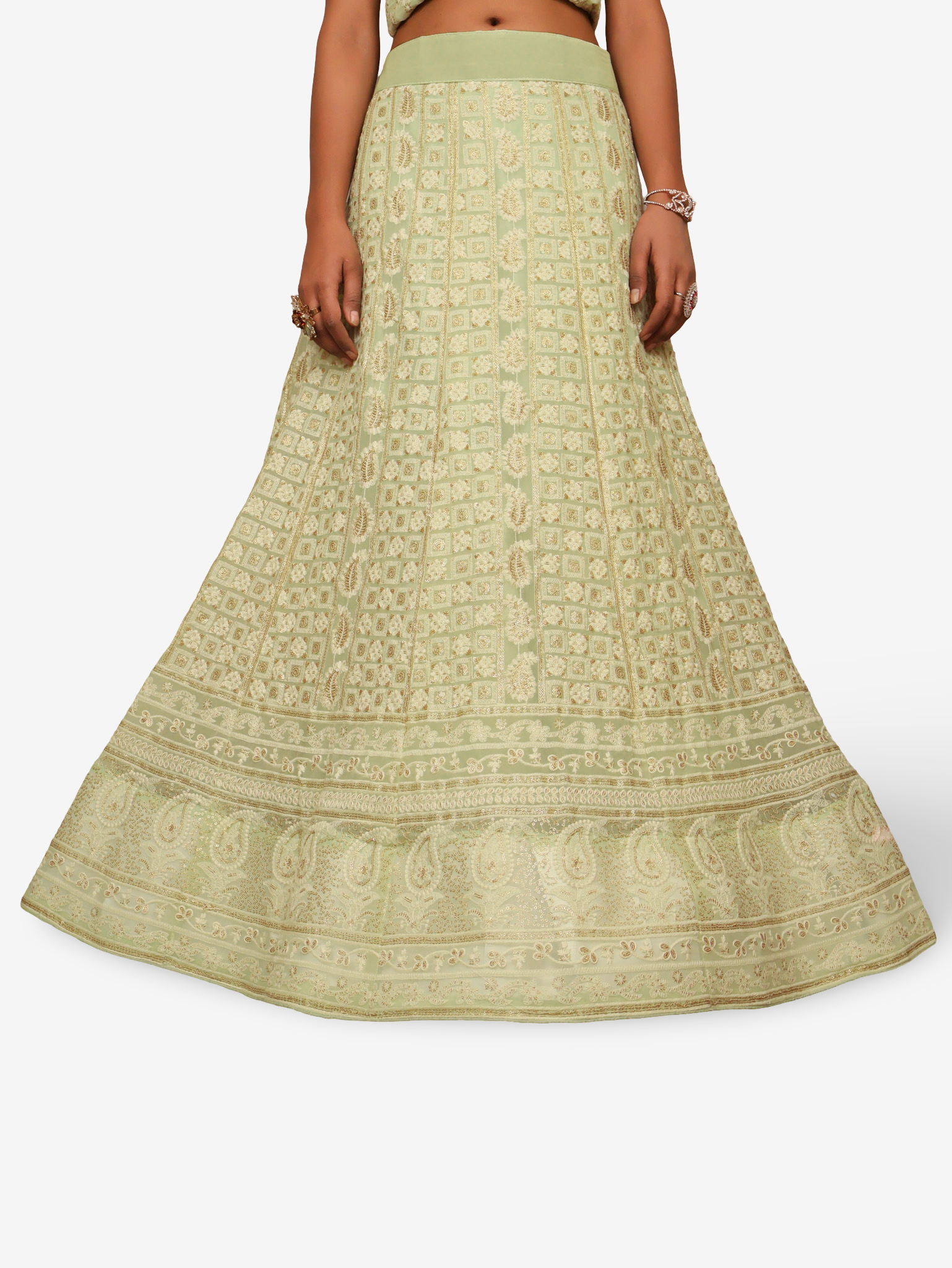 Semi-Stitched Lehenga with Embroidery & Golden Sequin work by Shreekama L. Pista Green Semi-Stitched Lehenga for Party Festival Wedding Occasion in Noida