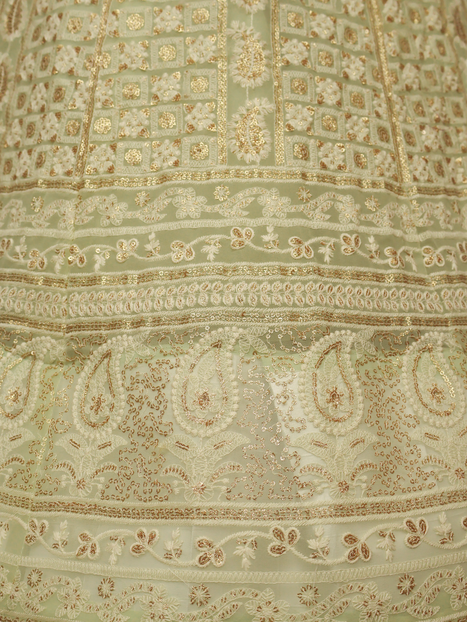 Semi-Stitched Lehenga with Embroidery & Golden Sequin work by Shreekama L. Pista Green Semi-Stitched Lehenga for Party Festival Wedding Occasion in Noida