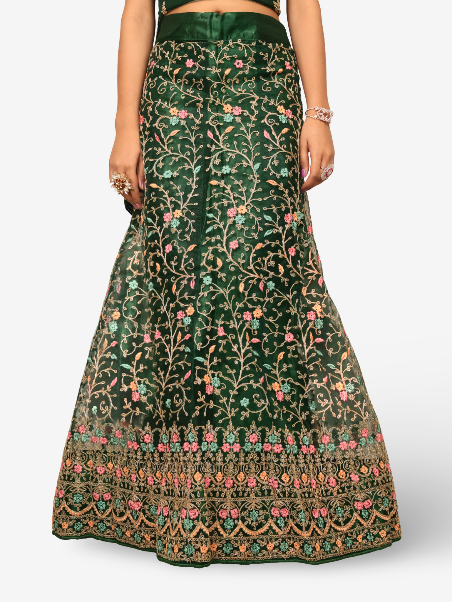 Semi-Stitched Lehenga with Embroidery & Zari Thread Work by Shreekama Dark Green Semi-Stitched Lehenga for Party Festival Wedding Occasion in Noida