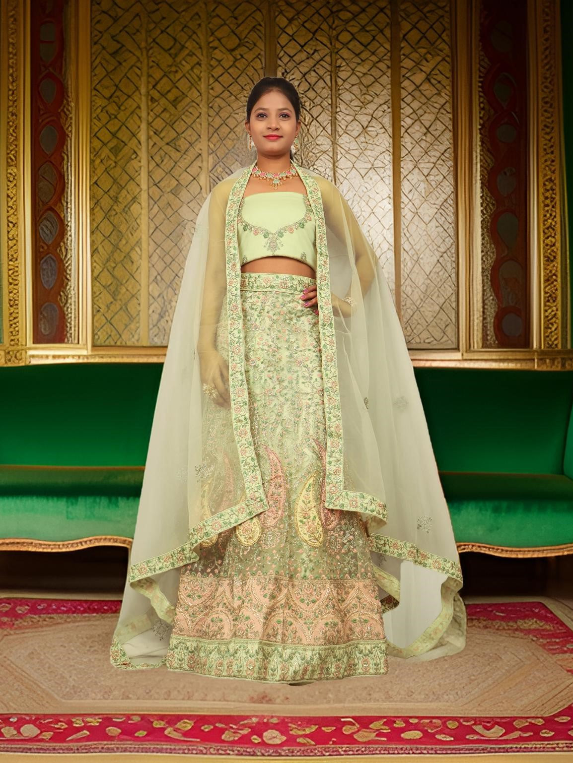 Semi-Stitched Lehenga with Embroidery & Zari Thread Work by Shreekama Pista Green Semi-Stitched Lehenga for Party Festival Wedding Occasion in Noida