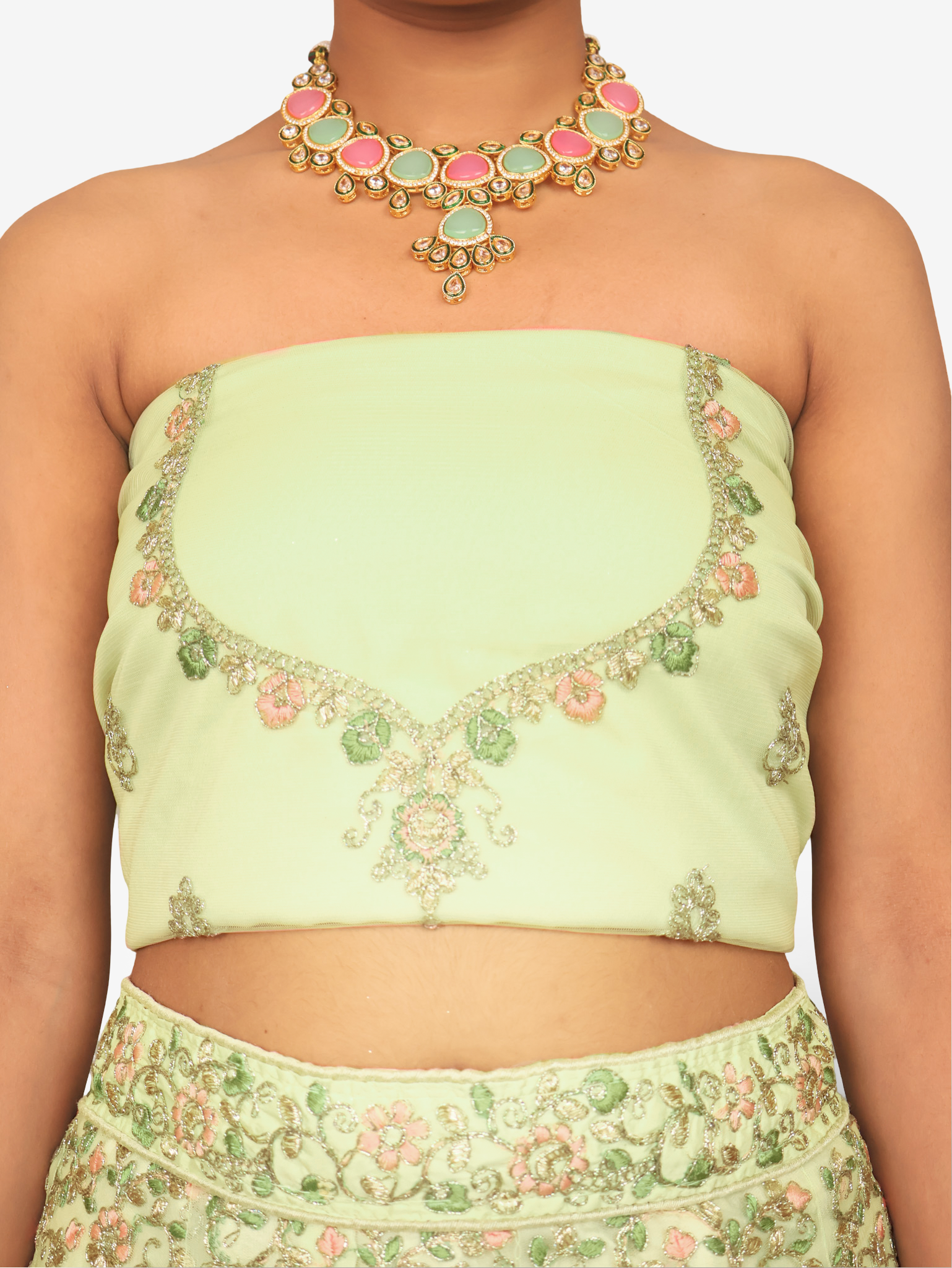 Semi-Stitched Lehenga with Embroidery & Zari Thread Work by Shreekama Pista Green Semi-Stitched Lehenga for Party Festival Wedding Occasion in Noida