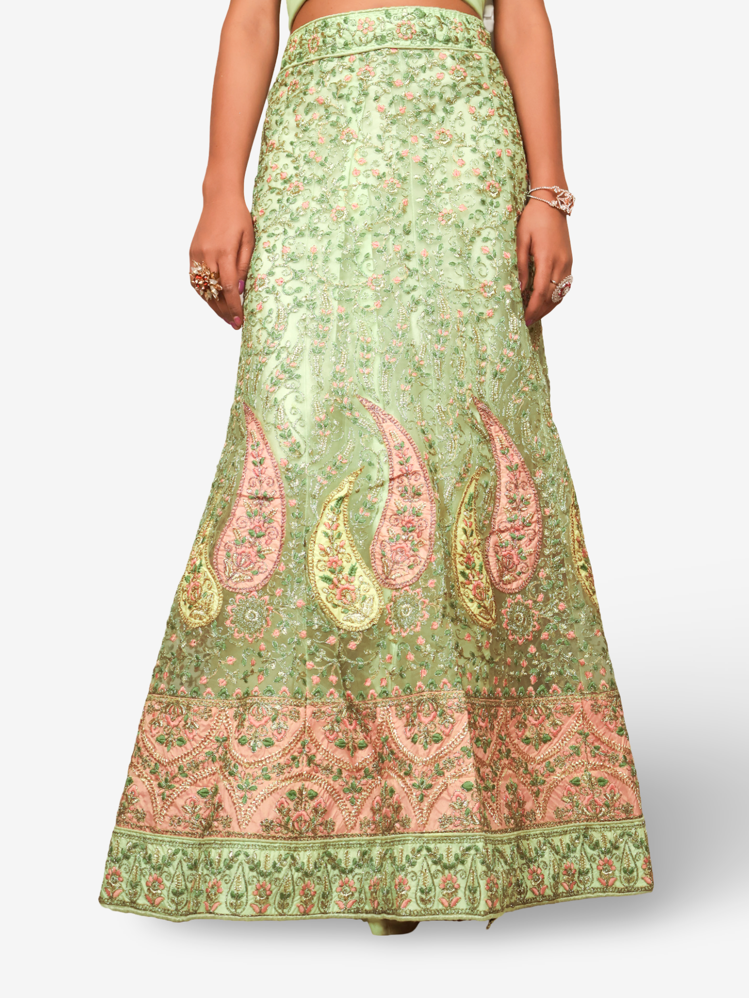Semi-Stitched Lehenga with Embroidery & Zari Thread Work by Shreekama Pista Green Semi-Stitched Lehenga for Party Festival Wedding Occasion in Noida