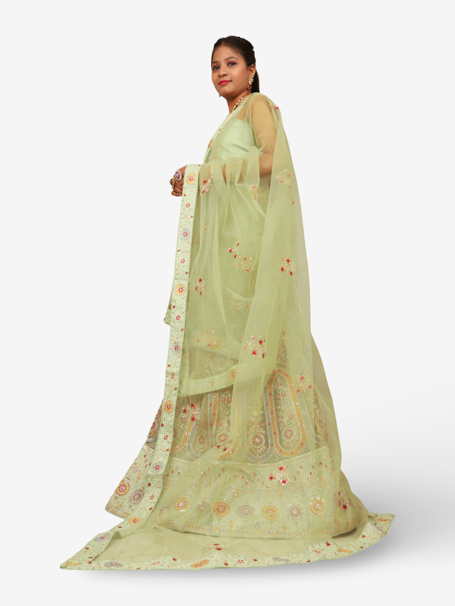 Semi-Stitched Lehenga with Embroidery & Zari Thread Work by Shreekama Pista Green Semi-Stitched Lehenga for Party Festival Wedding Occasion in Noida
