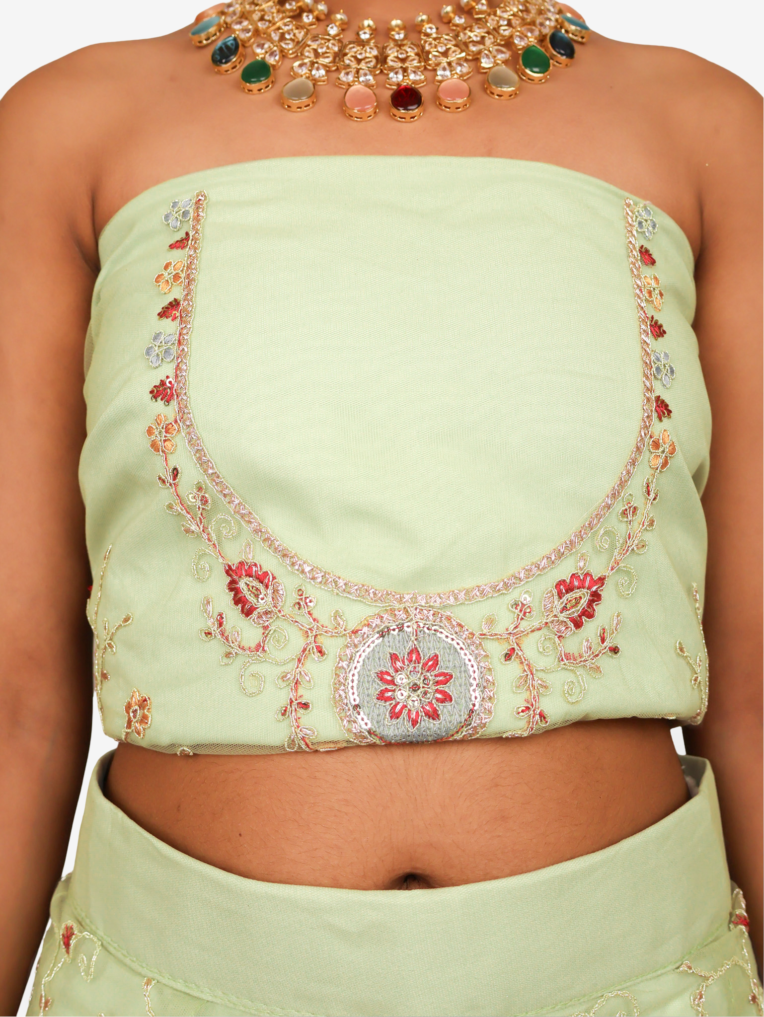 Semi-Stitched Lehenga with Embroidery & Zari Thread Work by Shreekama Pista Green Semi-Stitched Lehenga for Party Festival Wedding Occasion in Noida