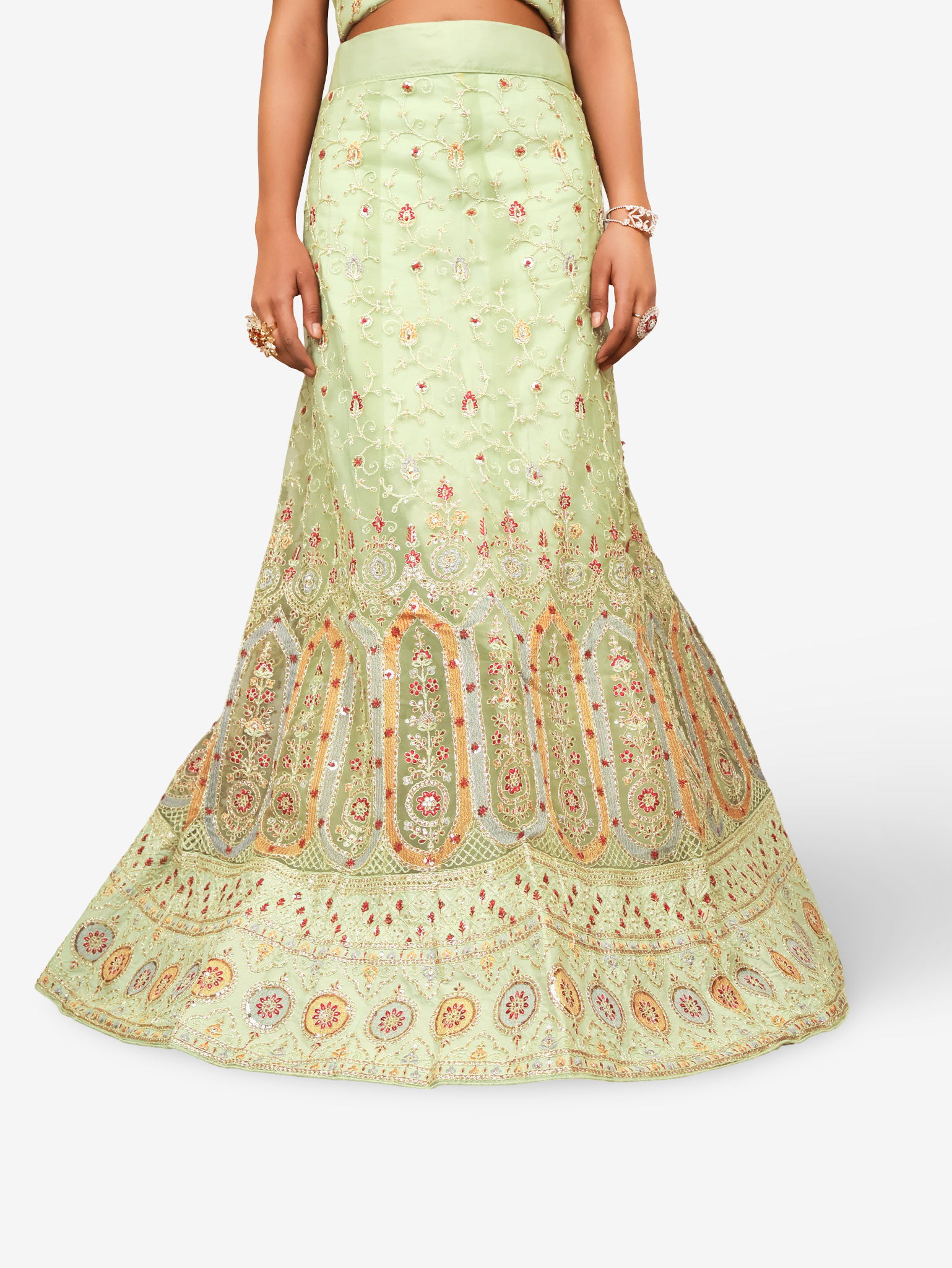 Semi-Stitched Lehenga with Embroidery & Zari Thread Work by Shreekama Pista Green Semi-Stitched Lehenga for Party Festival Wedding Occasion in Noida