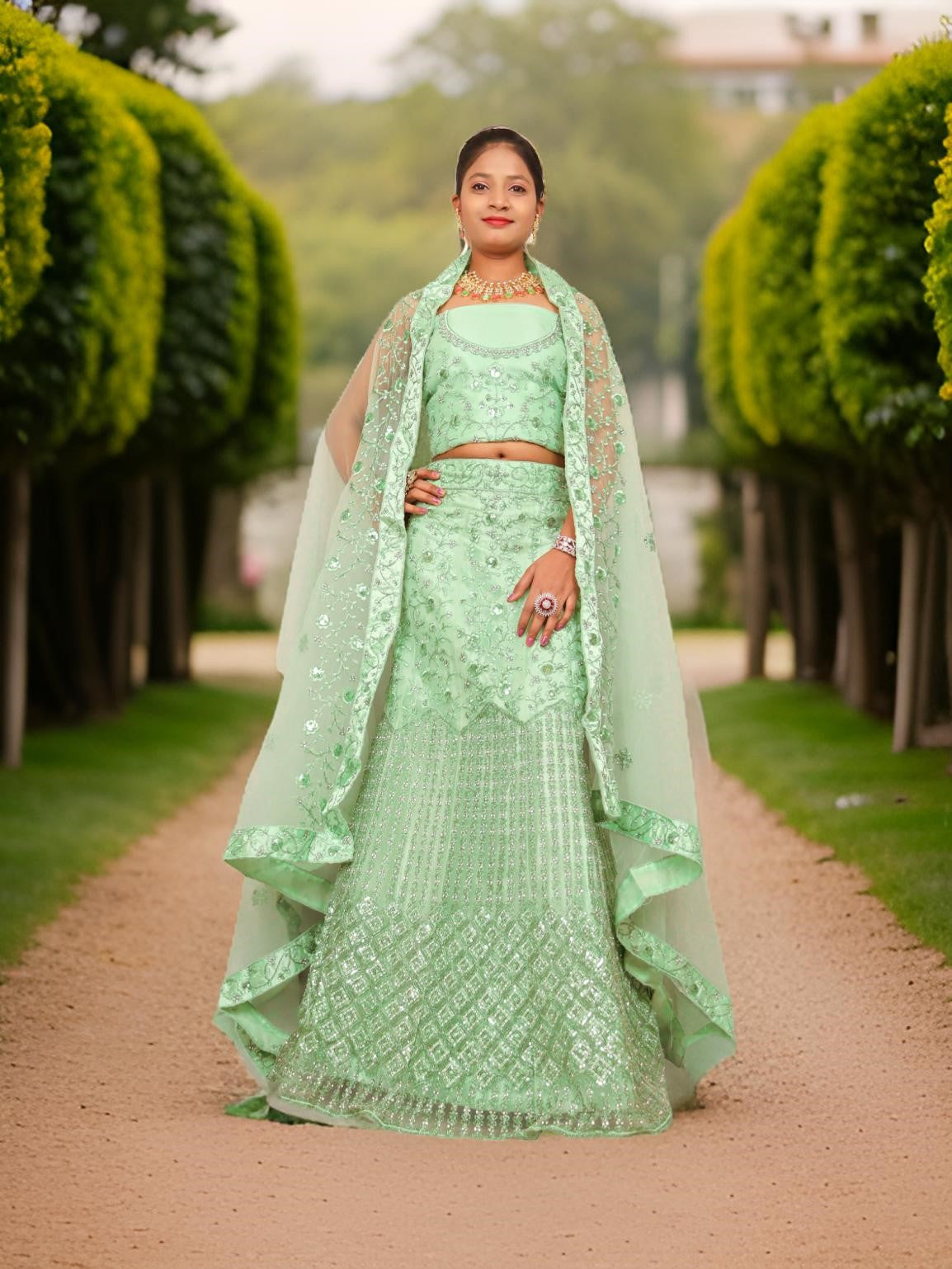 Semi-Stitched Lehenga with Soft Net Fabric & Zari Thread Work by Shreekama Pista Green Semi-Stitched Lehenga for Party Festival Wedding Occasion in Noida