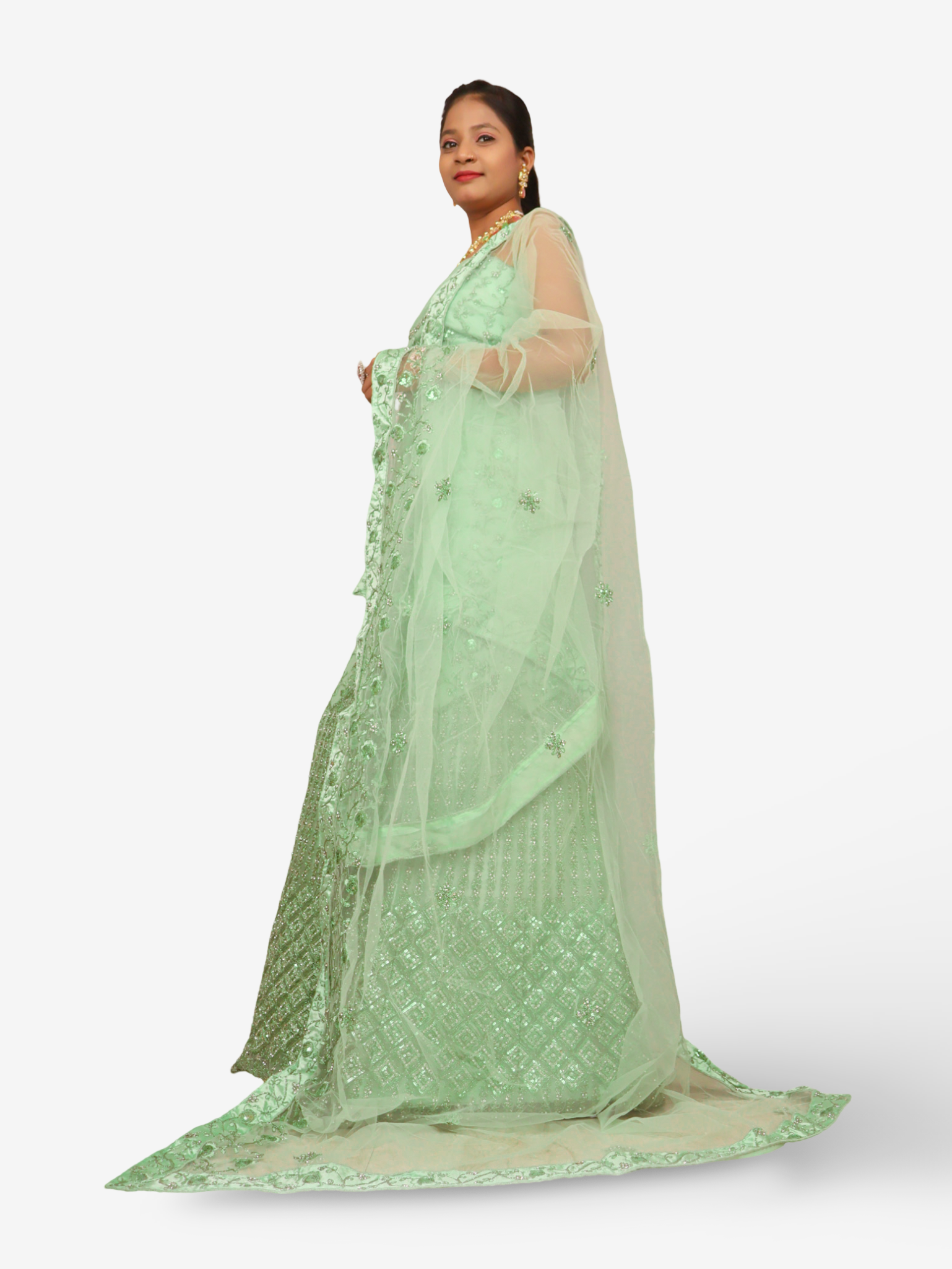 Semi-Stitched Lehenga with Soft Net Fabric & Zari Thread Work by Shreekama Pista Green Semi-Stitched Lehenga for Party Festival Wedding Occasion in Noida