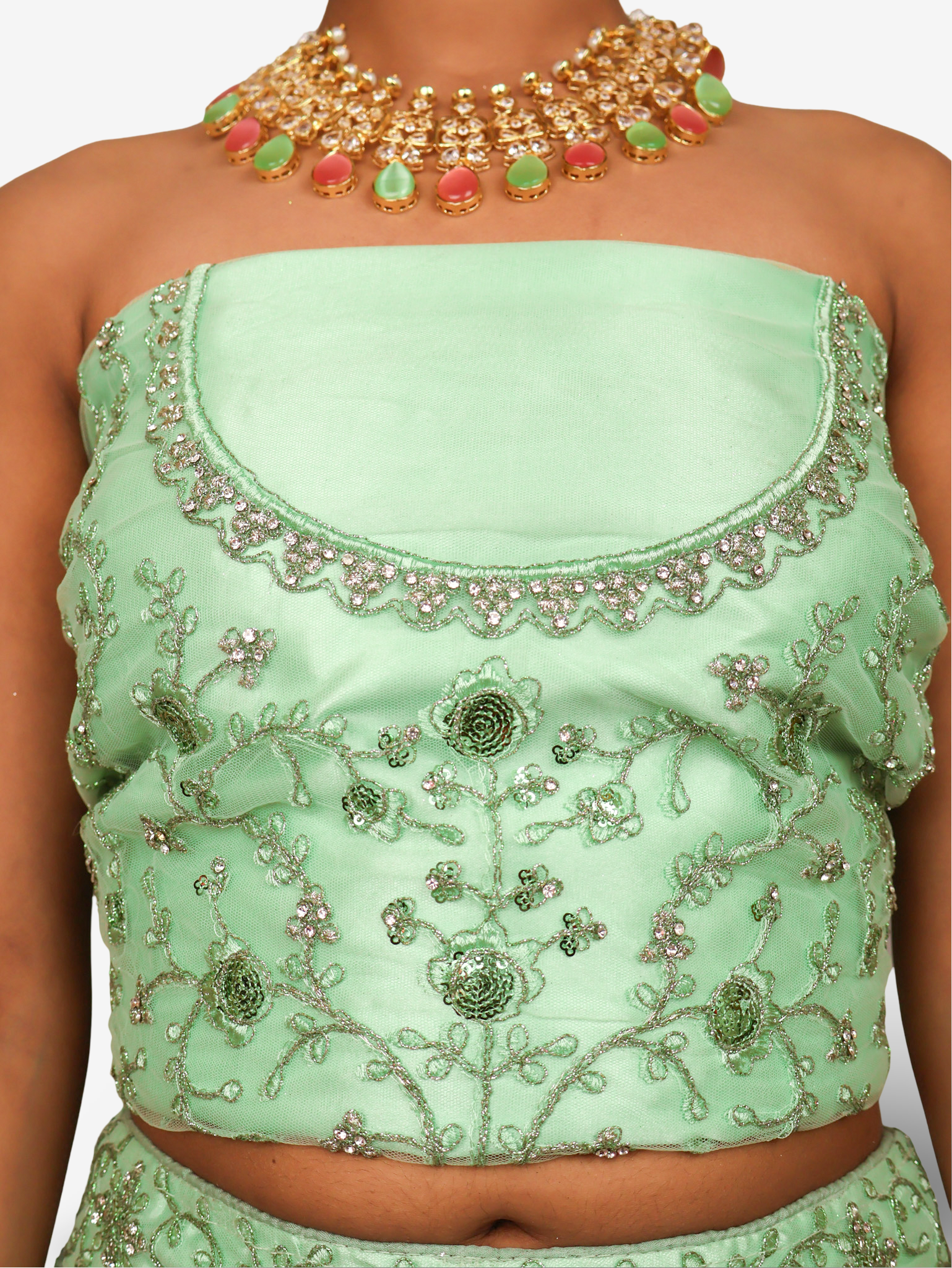 Semi-Stitched Lehenga with Soft Net Fabric & Zari Thread Work by Shreekama Pista Green Semi-Stitched Lehenga for Party Festival Wedding Occasion in Noida