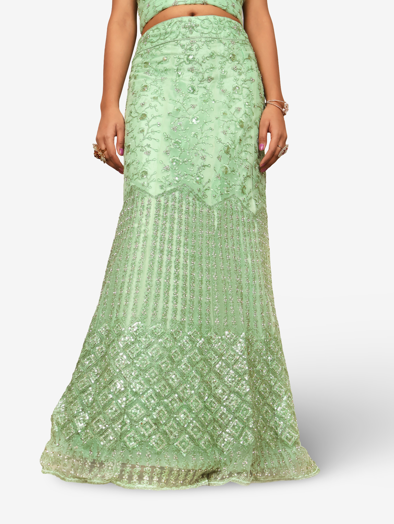 Semi-Stitched Lehenga with Soft Net Fabric & Zari Thread Work by Shreekama Pista Green Semi-Stitched Lehenga for Party Festival Wedding Occasion in Noida