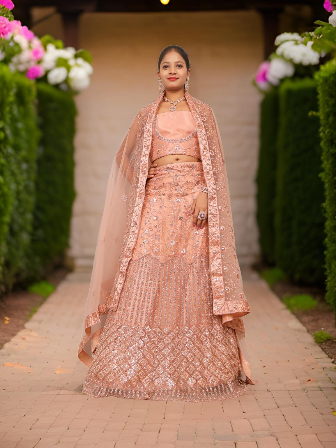 Semi-Stitched Lehenga with Soft Net Fabric & Zari Thread Work by Shreekama Peach Semi-Stitched Lehenga for Party Festival Wedding Occasion in Noida
