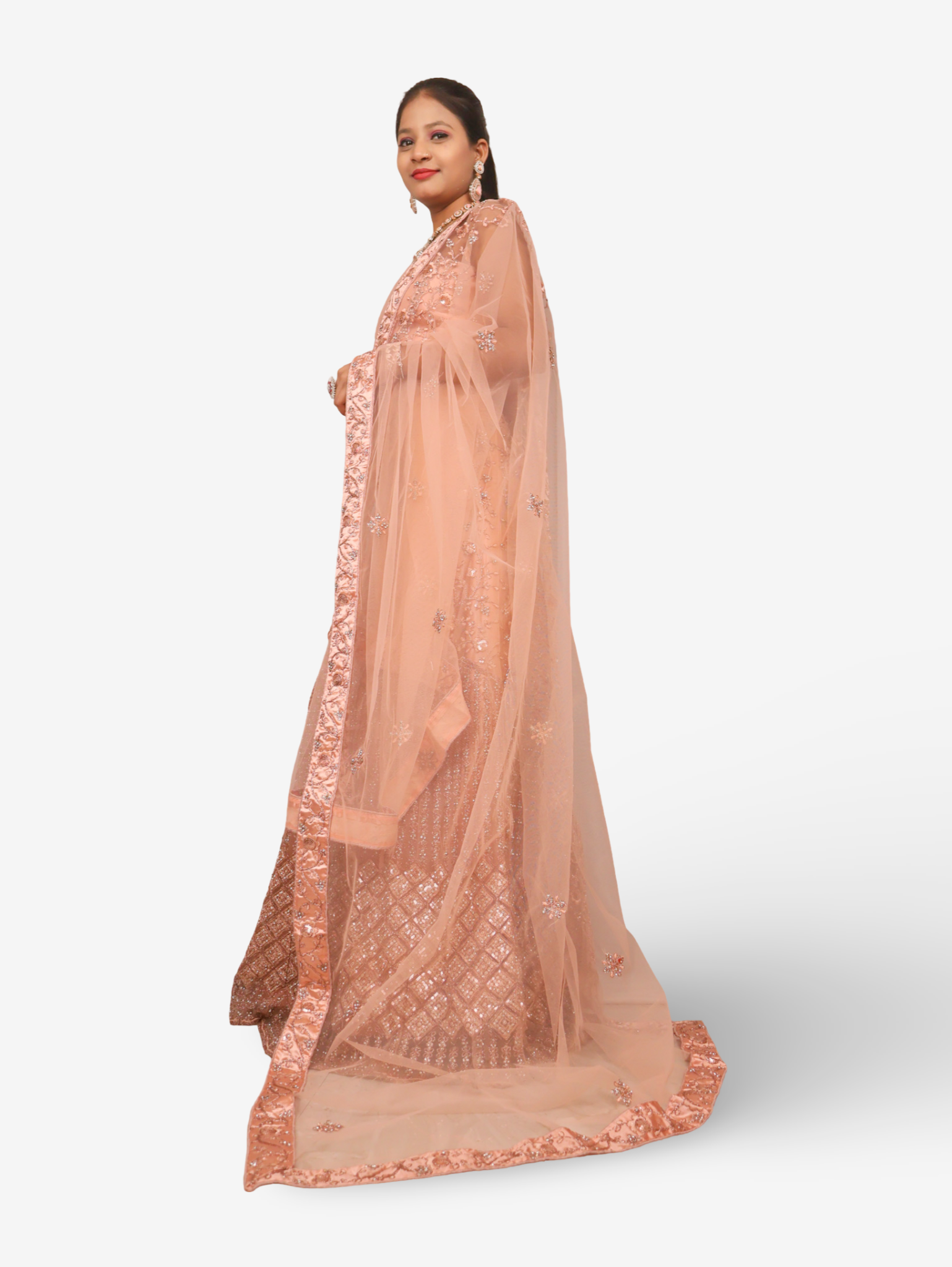 Semi-Stitched Lehenga with Soft Net Fabric & Zari Thread Work by Shreekama Peach Semi-Stitched Lehenga for Party Festival Wedding Occasion in Noida