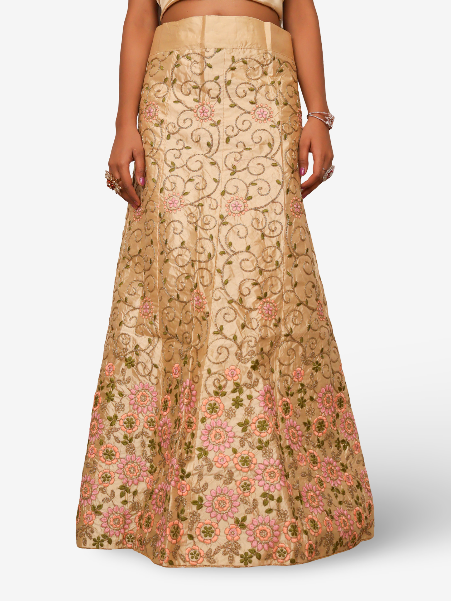 Semi-Stitched Lehenga with Soft Net Fabric & Zari Thread Work by Shreekama Gold & Pink Semi-Stitched Lehenga for Party Festival Wedding Occasion in Noida