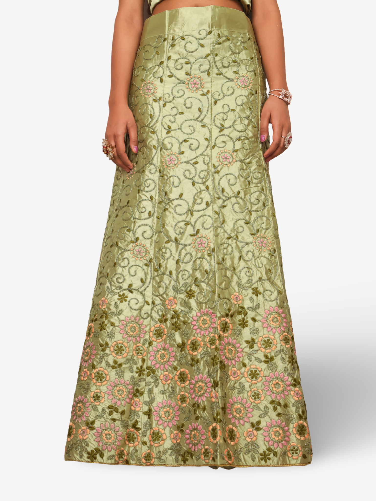 Semi-Stitched Lehenga with Soft Net Fabric & Zari Thread Work by Shreekama Pista Green Semi-Stitched Lehenga for Party Festival Wedding Occasion in Noida