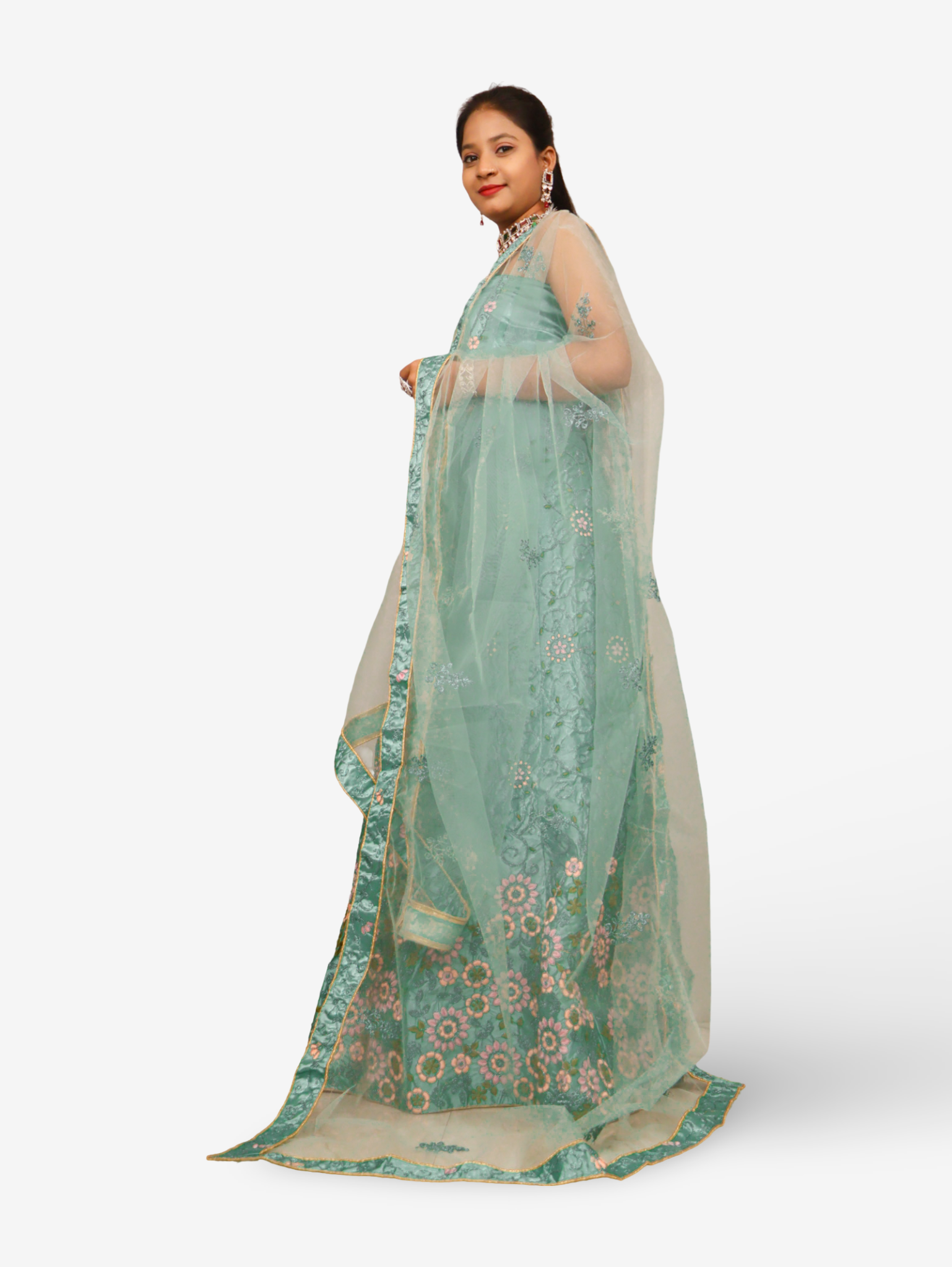 Semi-Stitched Lehenga with Soft Net Fabric & Zari Thread Work by Shreekama Sage Green Semi-Stitched Lehenga for Party Festival Wedding Occasion in Noida