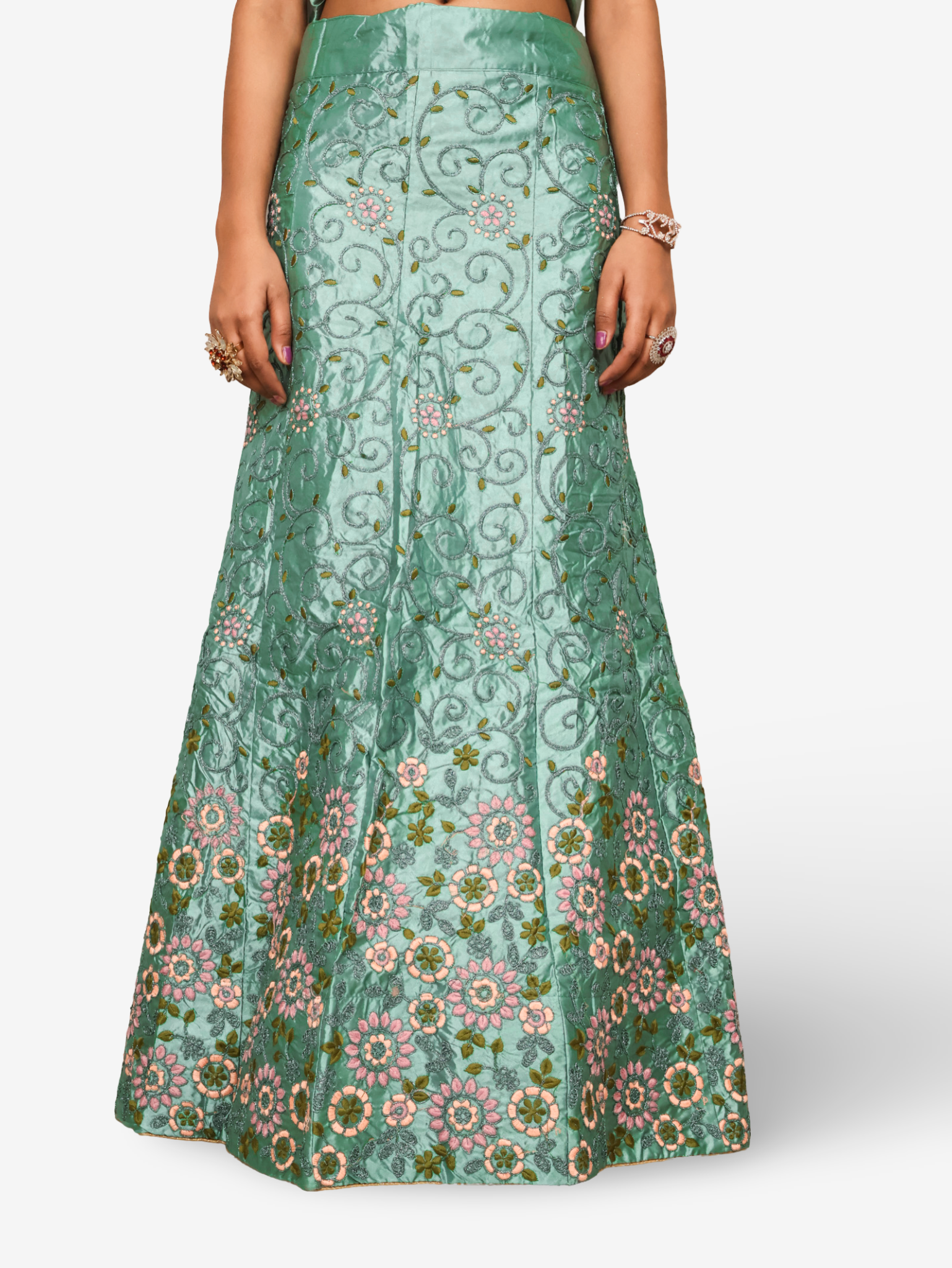 Semi-Stitched Lehenga with Soft Net Fabric & Zari Thread Work by Shreekama Sage Green Semi-Stitched Lehenga for Party Festival Wedding Occasion in Noida