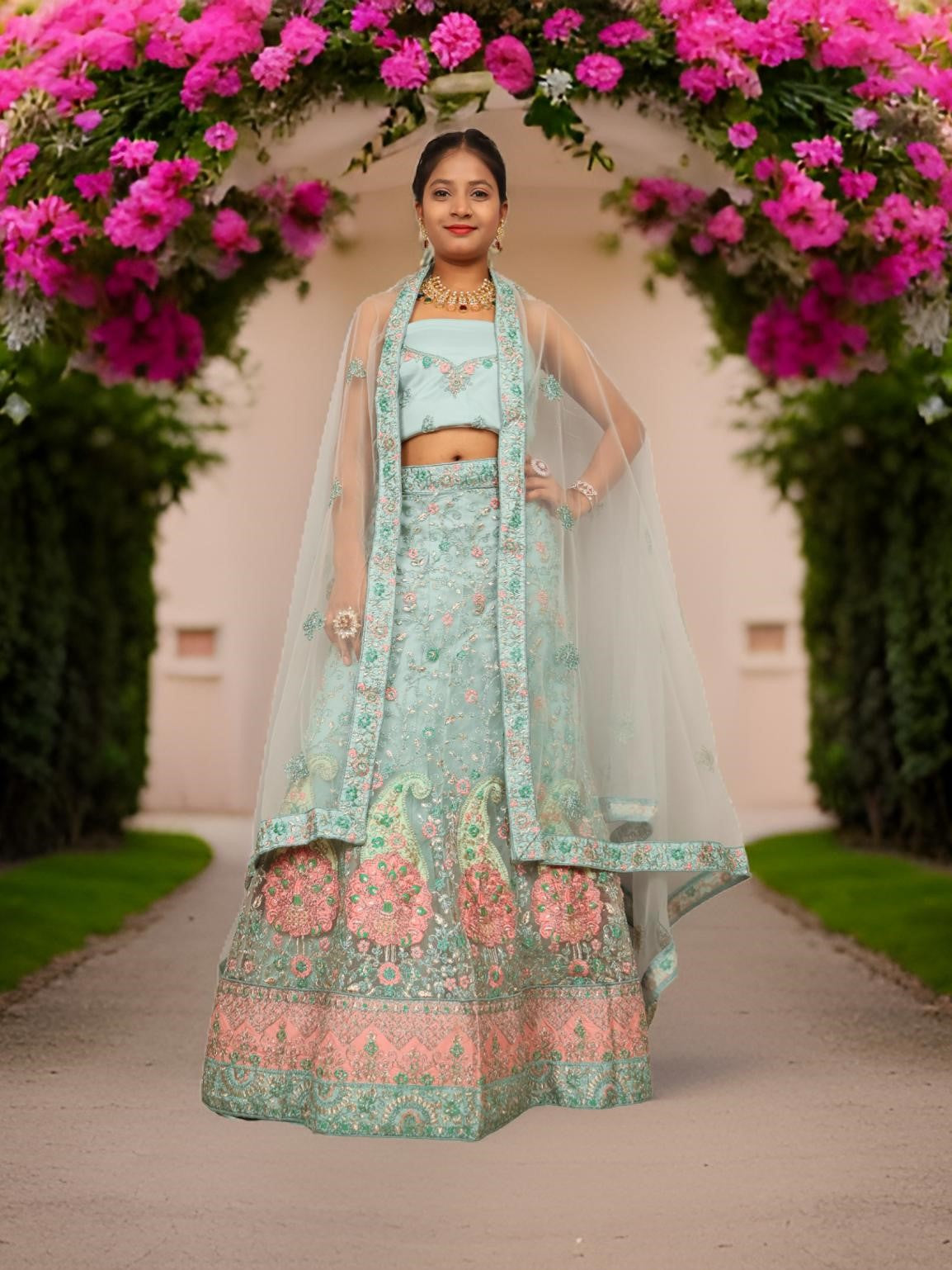 Semi-Stitched Lehenga with Soft Net Fabric & Zari Thread Work by Shreekama