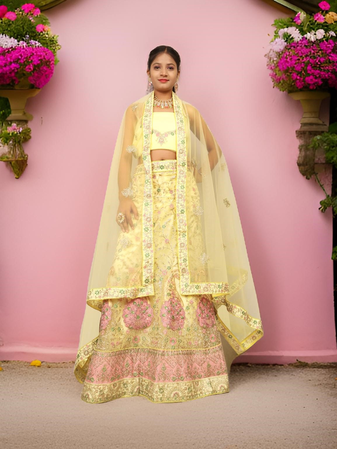 Semi-Stitched Lehenga with Soft Net Fabric & Zari Thread Work by Shreekama Lemon Yellow Semi-Stitched Lehenga for Party Festival Wedding Occasion in Noida