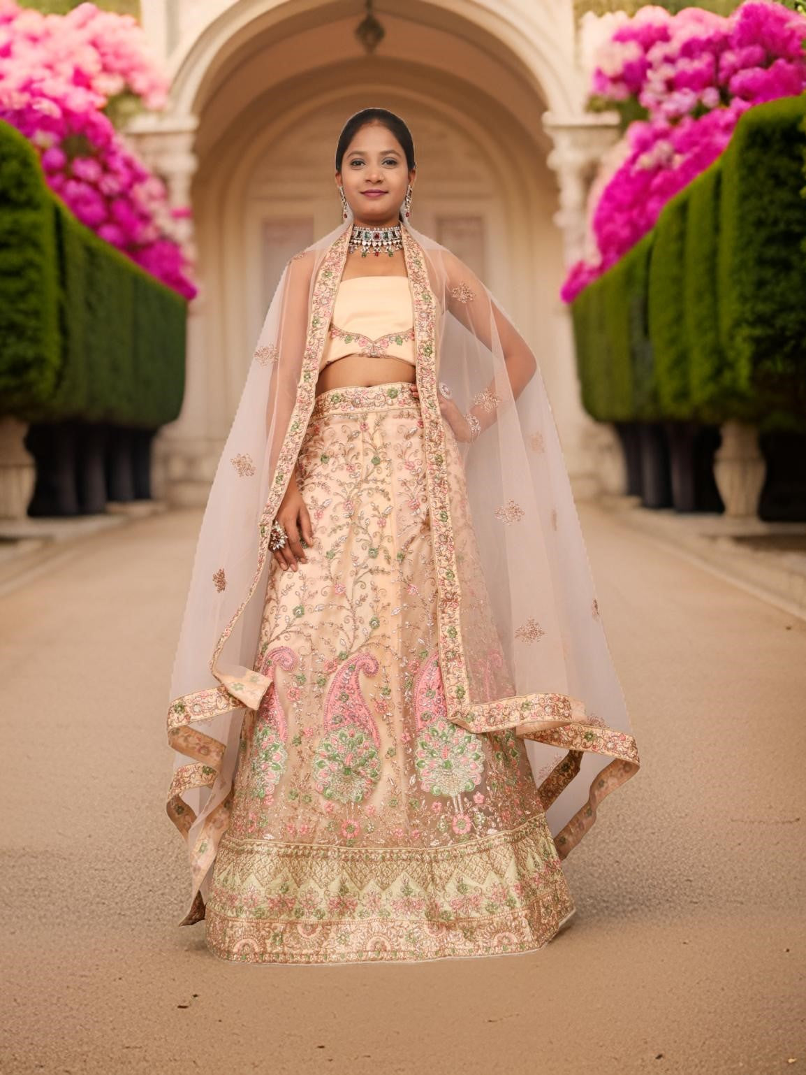 Semi-Stitched Lehenga with Soft Net Fabric & Zari Thread Work by Shreekama Beige Semi-Stitched Lehenga for Party Festival Wedding Occasion in Noida