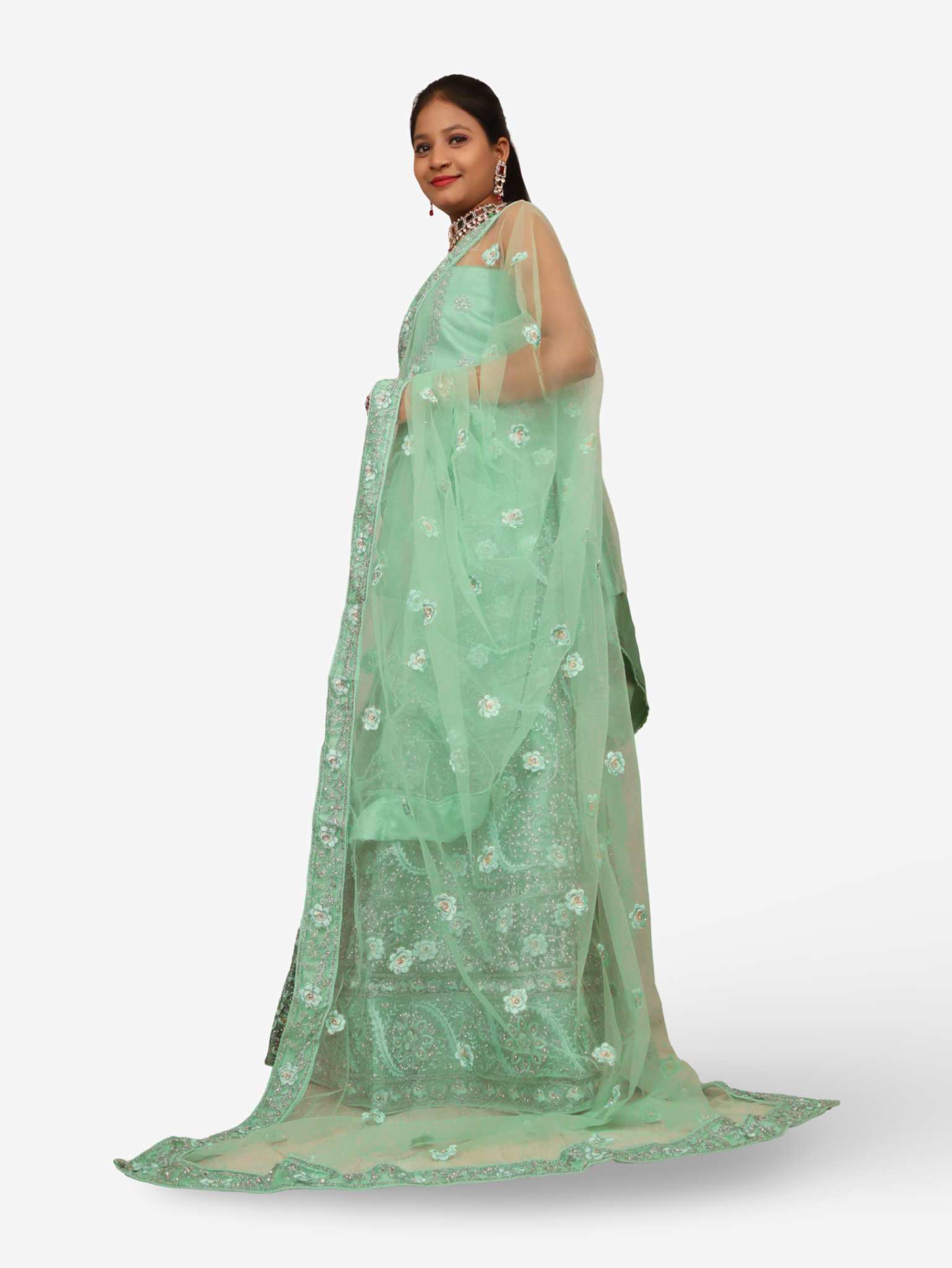 Semi-Stitched Lehenga with American Diamond & Zari Thread Work by Shreekama Pista Green Semi-Stitched Lehenga for Party Festival Wedding Occasion in Noida